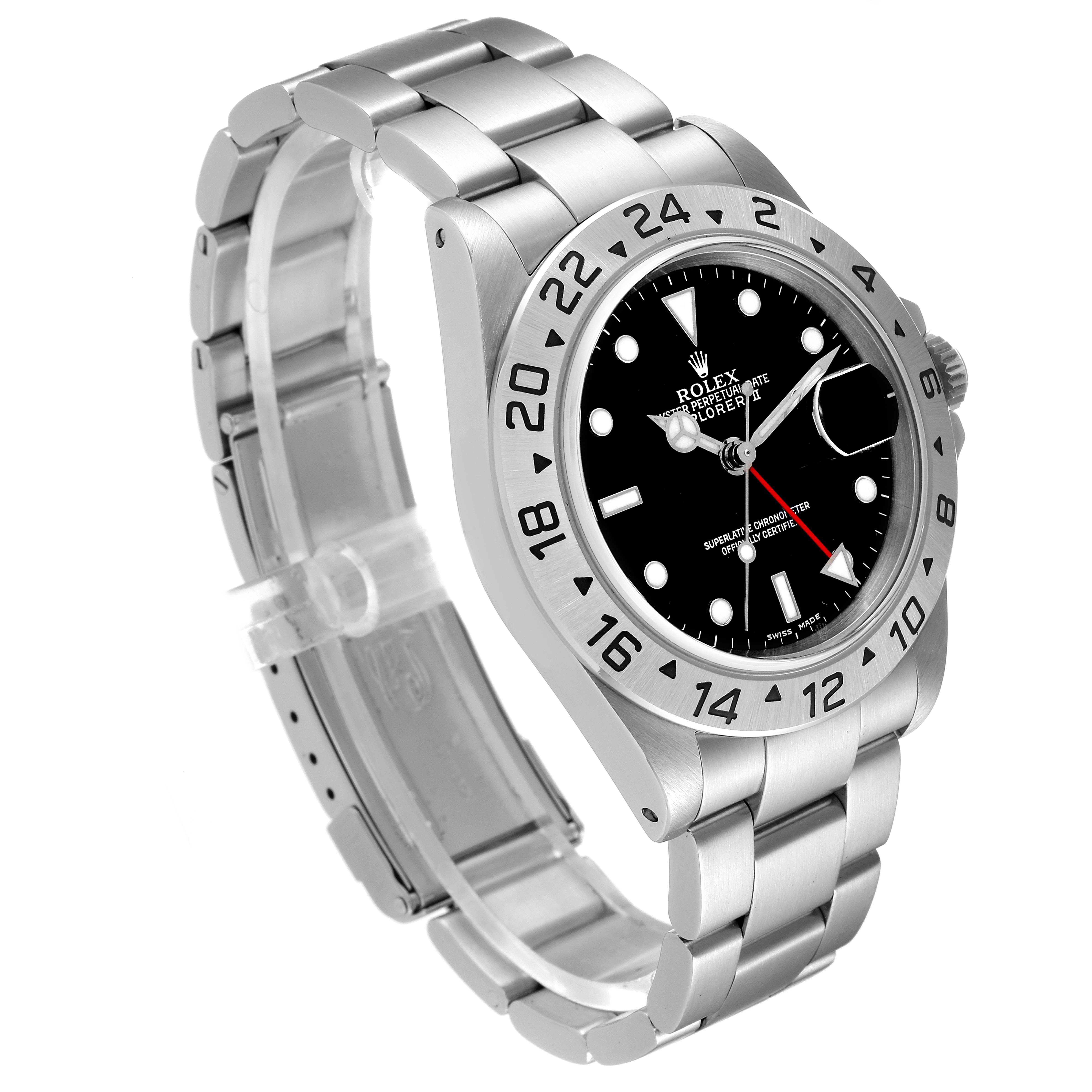 The image shows a Rolex Explorer 16570 Men
s Stainless Steel Black Dial 16570 Men
s Stainless Steel Black Dial watch from an angled side view, displaying the bezel, dial, crown, and bracelet.