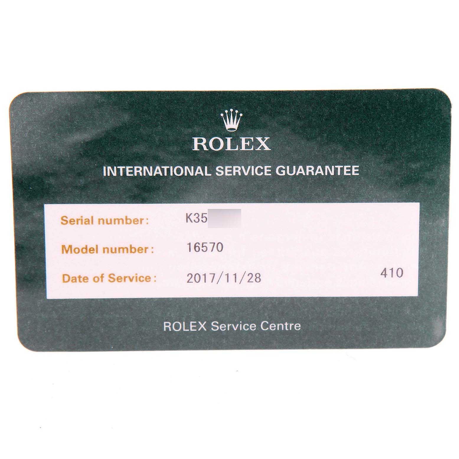 This is a Rolex International Service Guarantee card for the Explorer model, showing the serial number, model number, and service date.