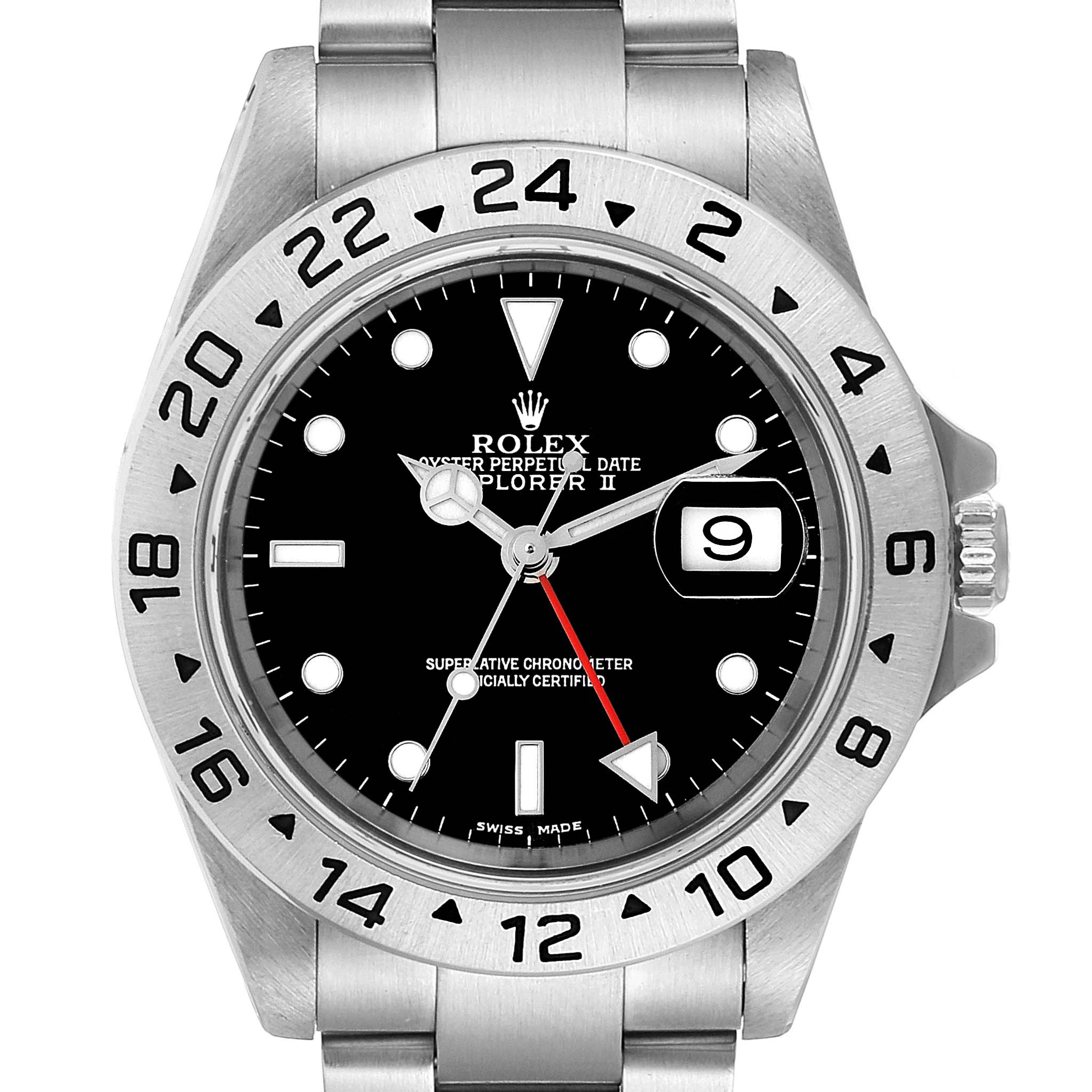 The image shows a front view of a Rolex Explorer 16570 Men
s Stainless Steel Black Dial 16570 Men
s Stainless Steel Black Dial watch, highlighting the dial, bezel, and bracelet.
