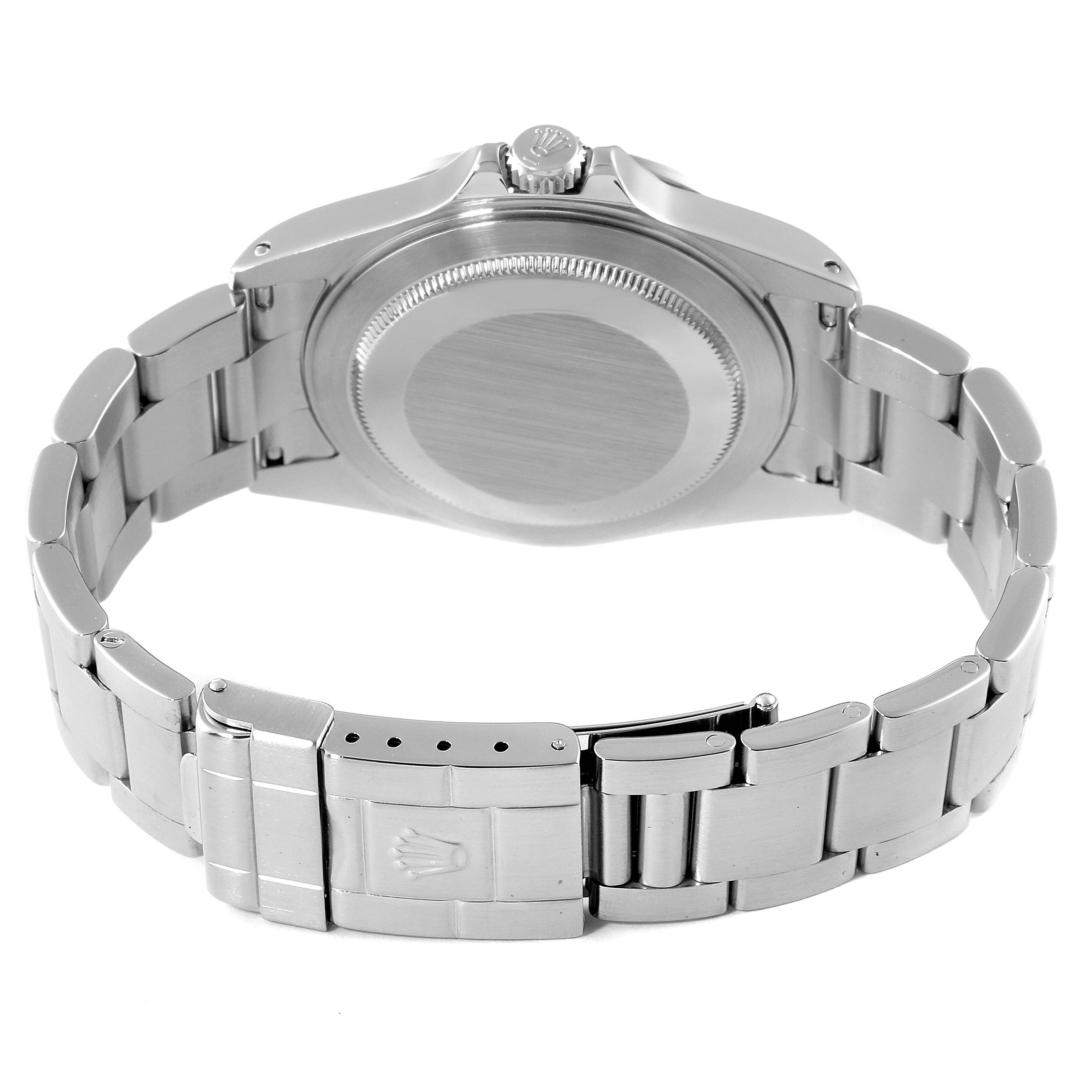 The image shows the back of a Rolex Explorer 16570 Men
s Stainless Steel Black Dial 16570 Men
s Stainless Steel Black Dial watch, highlighting the case back and metal bracelet with clasp.