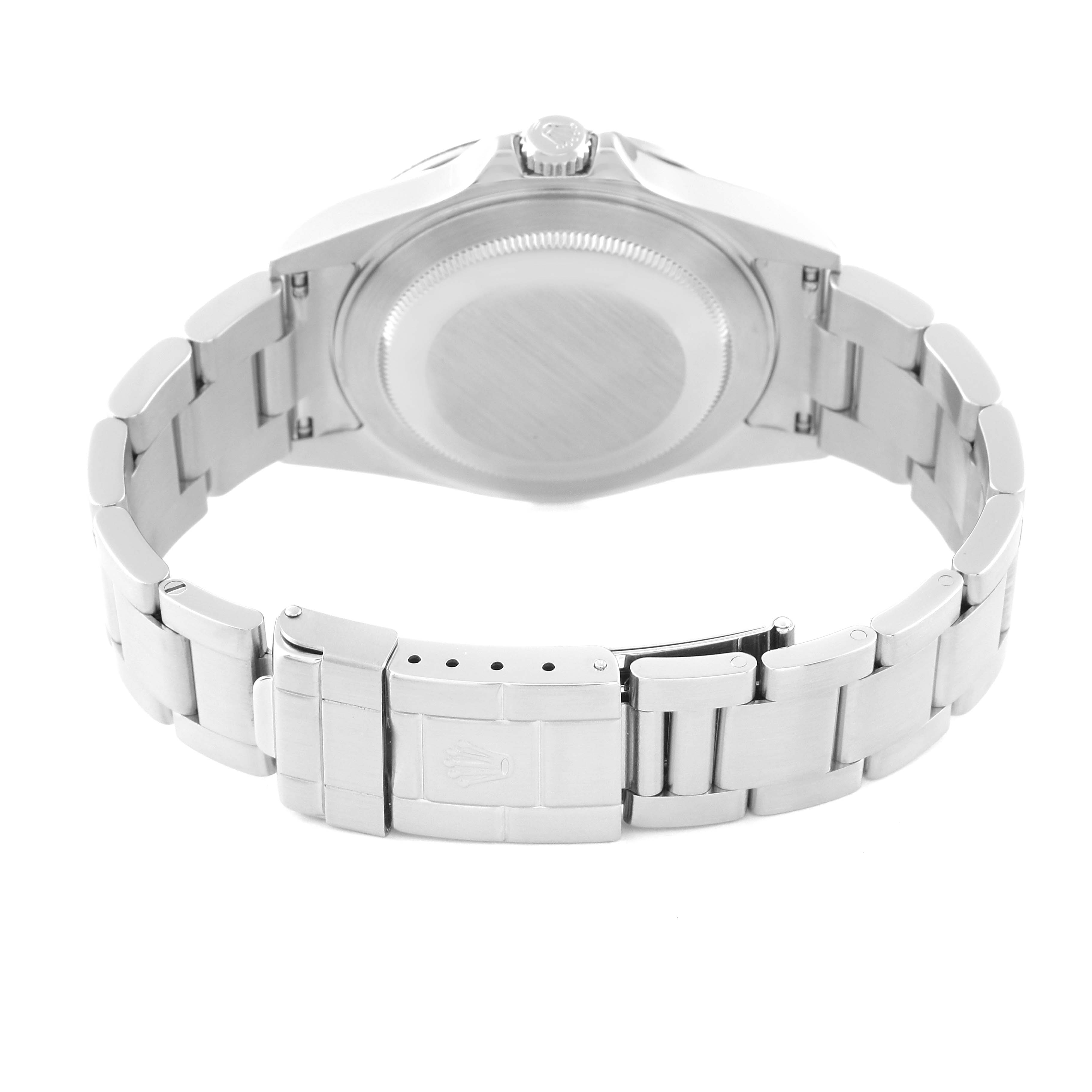 The image shows the back case and the bracelet clasp of a Rolex Explorer 16570 Men's Stainless Steel White Dial 16570 Men's Stainless Steel White Dial watch from a rear angle.