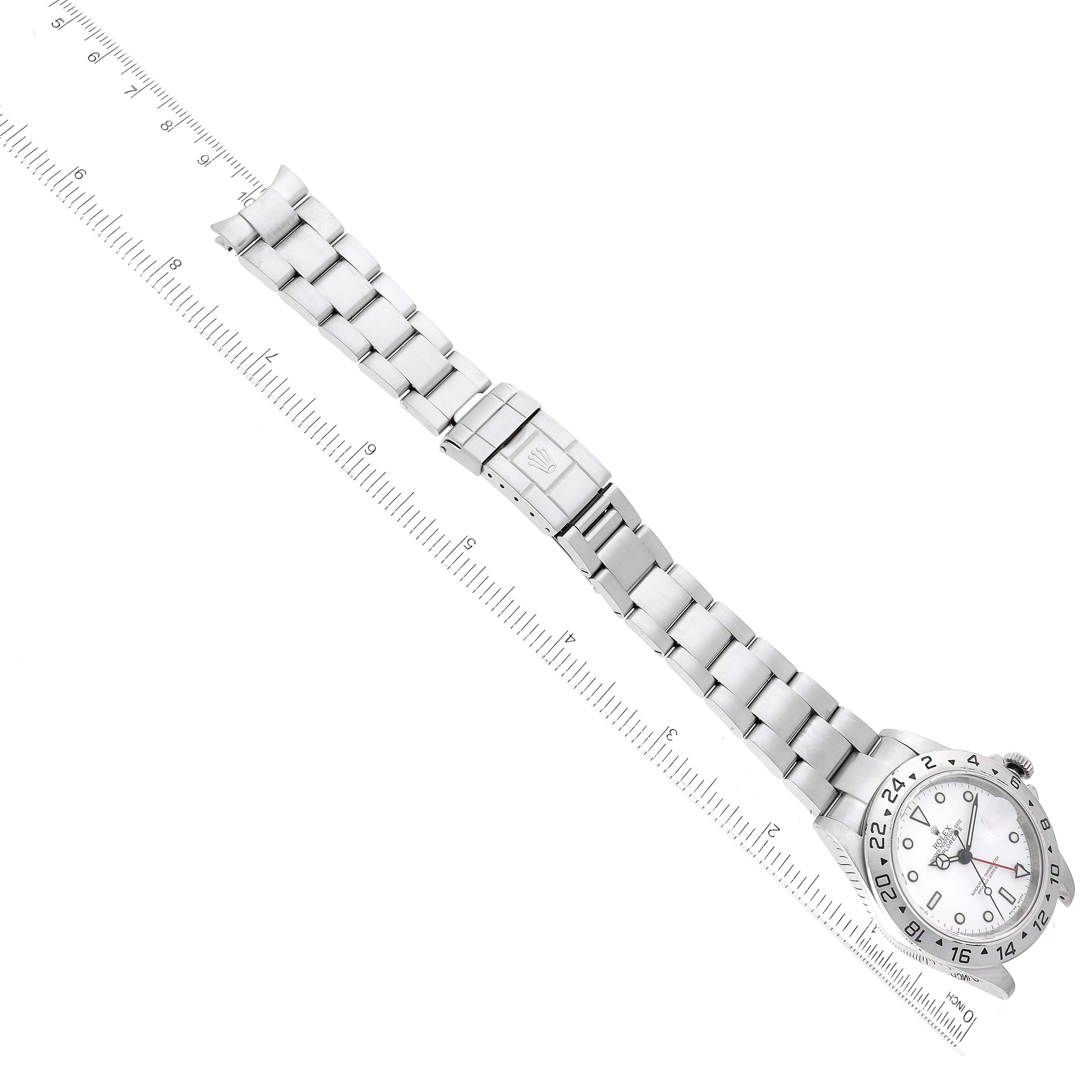 The image shows a top-down view of the Rolex Explorer 16570 Men's Stainless Steel White Dial 16570 Men's Stainless Steel White Dial watch, displaying the face, bracelet, and clasp.