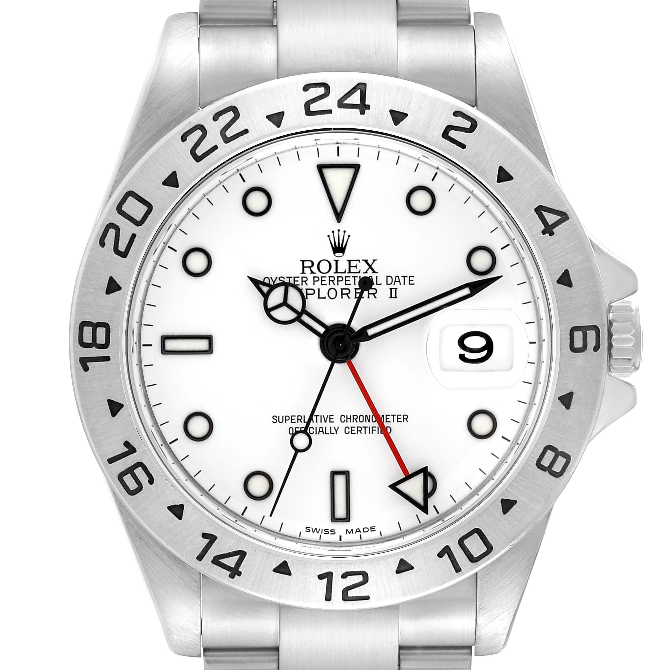 The image shows a front view of the Rolex Explorer 16570 Men's Stainless Steel White Dial 16570 Men's Stainless Steel White Dial watch, highlighting its dial, bezel, and part of the bracelet.