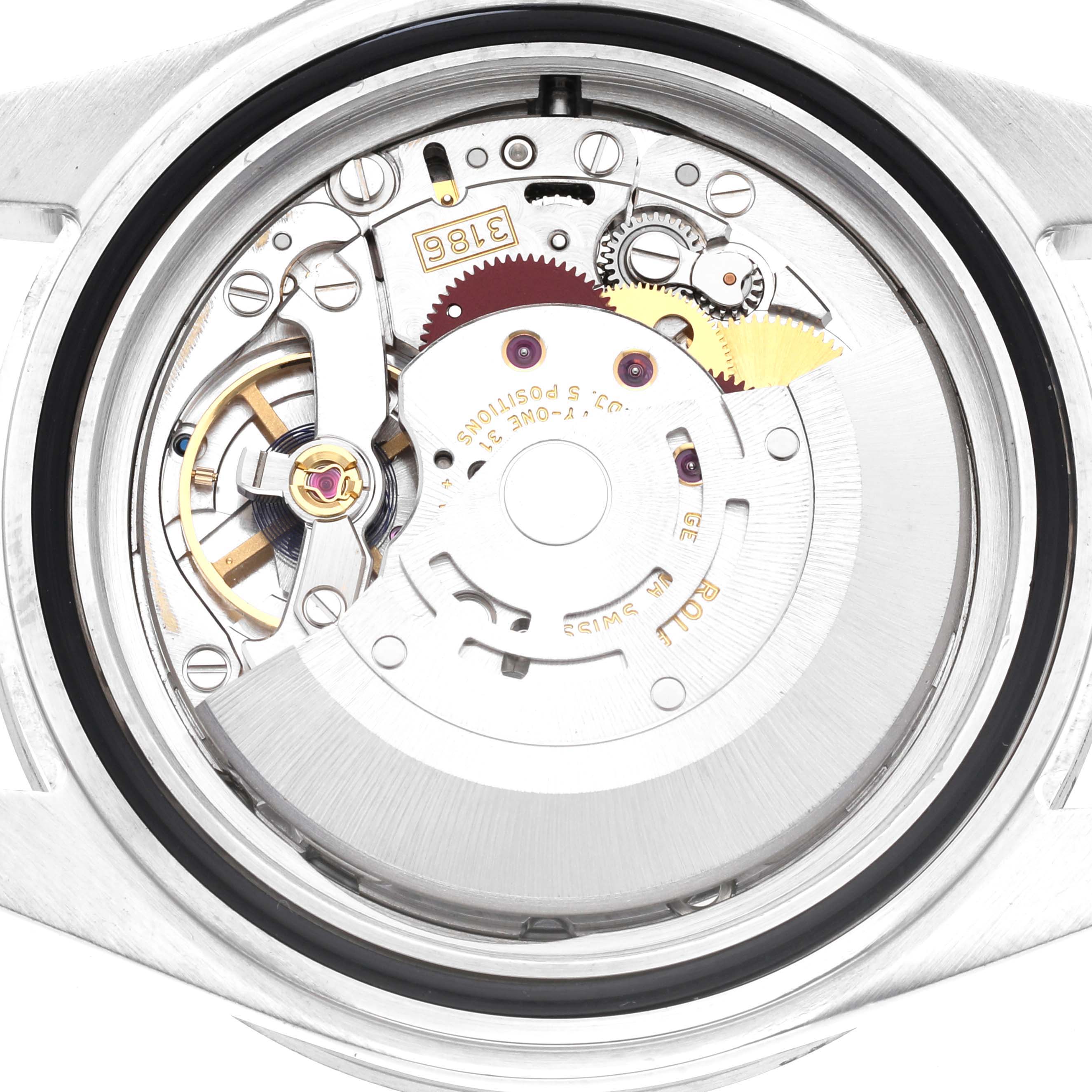 The image shows a close-up view of the movement mechanism inside a Rolex Explorer 16570 Men's Stainless Steel White Dial 16570 Men's Stainless Steel White Dial watch.
