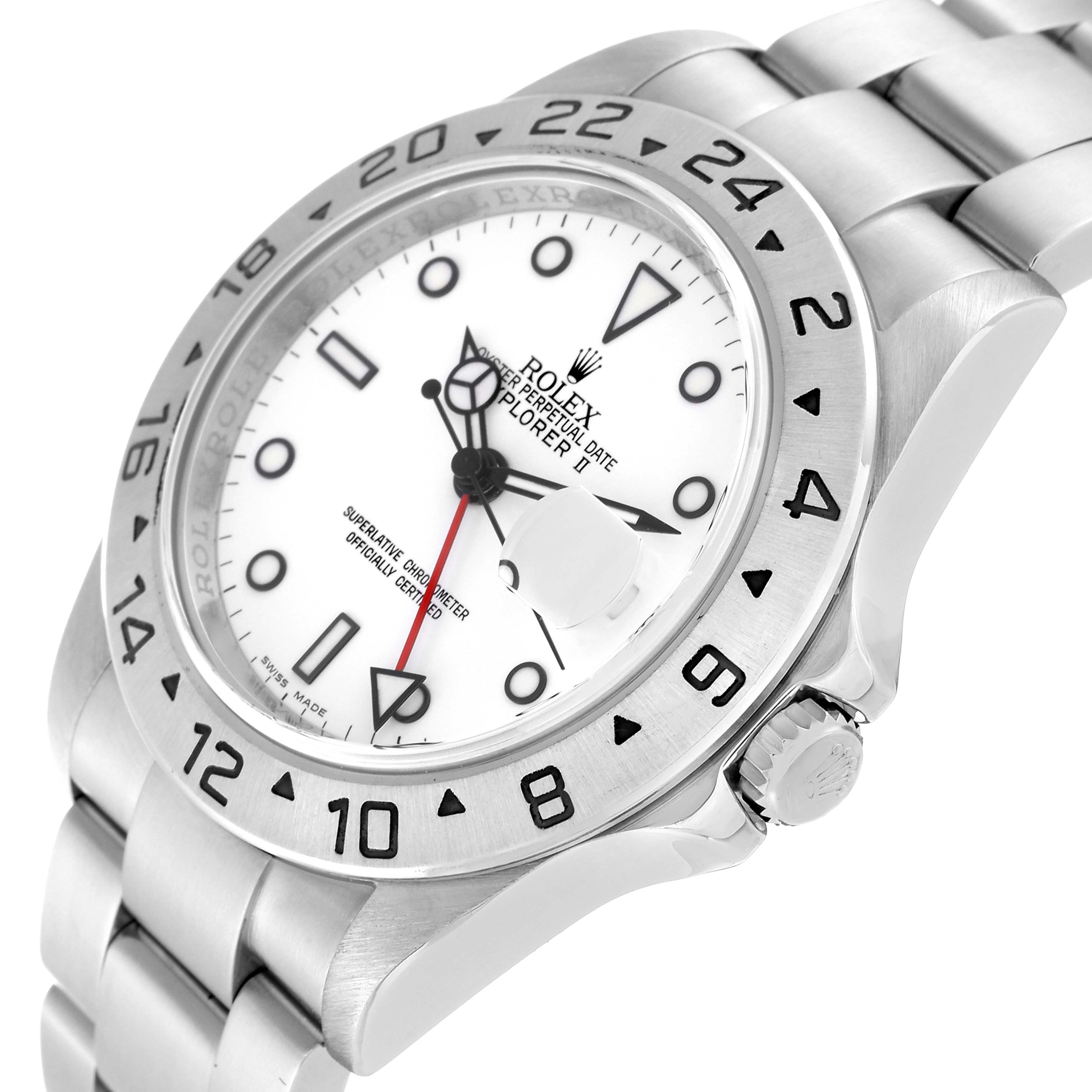 The image shows a close-up angled view of a Rolex Explorer 16570 Men's Stainless Steel White Dial 16570 Men's Stainless Steel White Dial watch, highlighting the face, bezel, crown, and part of the bracelet.