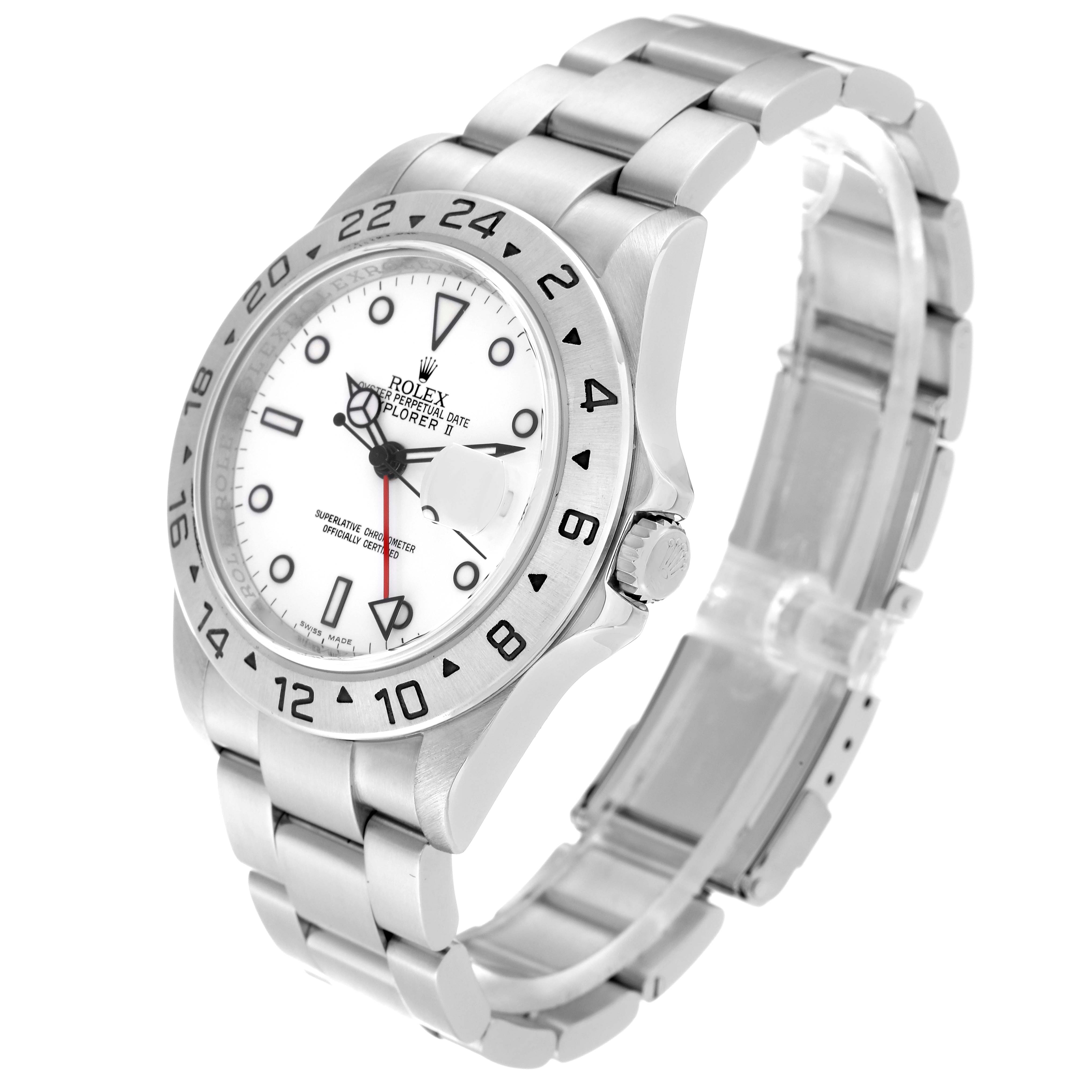 The image shows a Rolex Explorer 16570 Men's Stainless Steel White Dial 16570 Men's Stainless Steel White Dial watch from a three-quarter angle, highlighting the face, bezel, and bracelet.