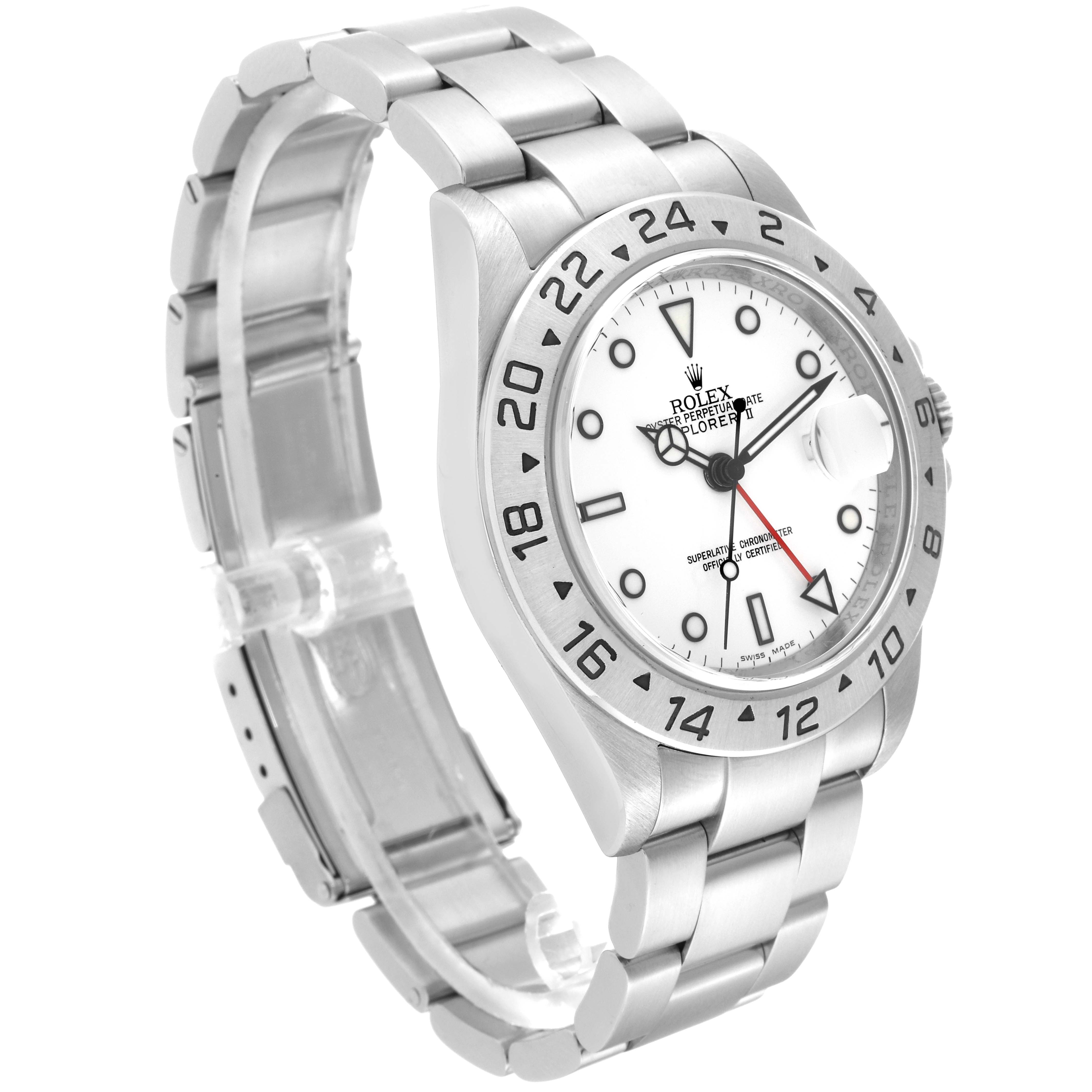 This image shows a side and front angle of the Rolex Explorer 16570 Men's Stainless Steel White Dial 16570 Men's Stainless Steel White Dial watch, highlighting the dial, bezel, and bracelet.