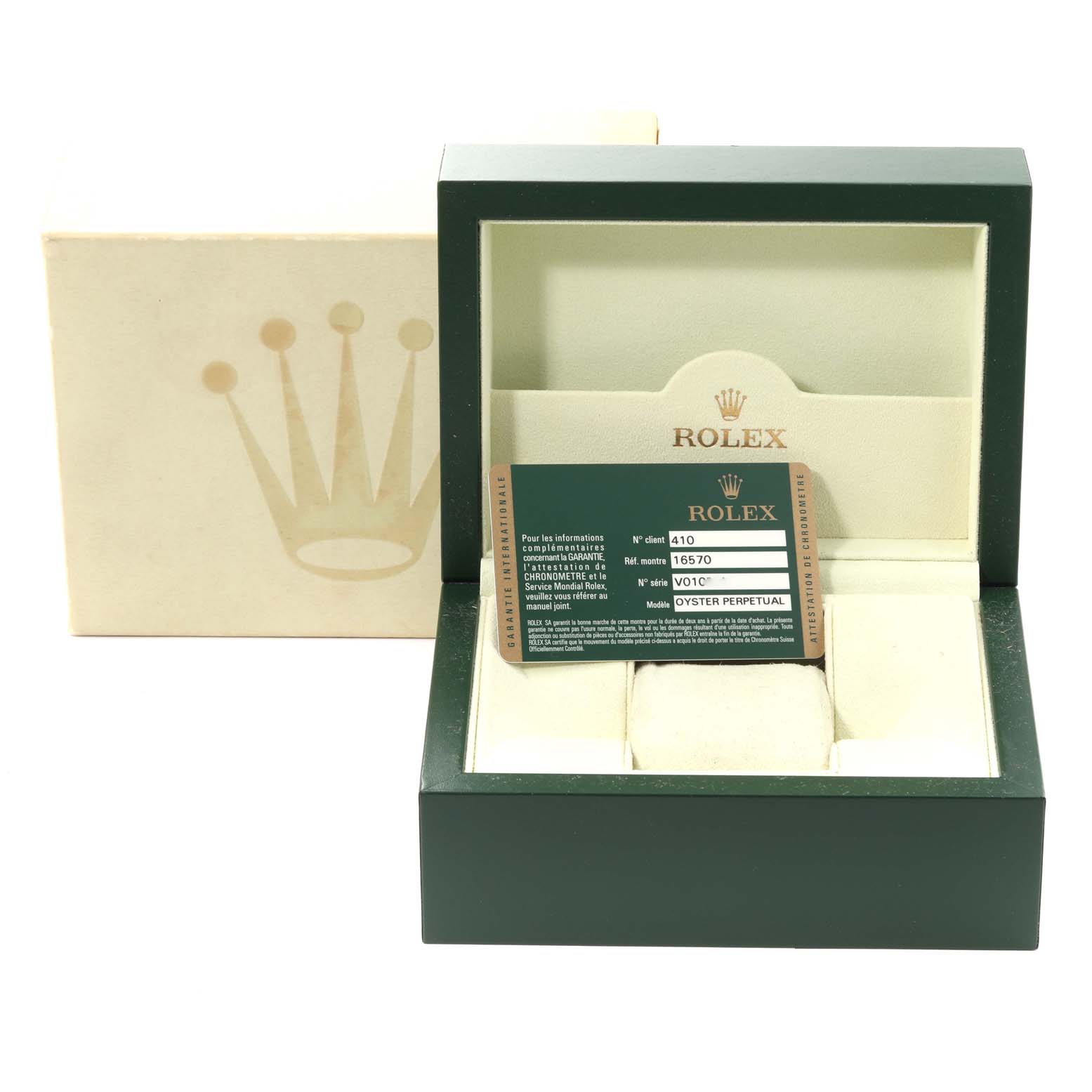 The image shows the box and guarantee card for a Rolex Explorer 16570 Men's Stainless Steel White Dial 16570 Men's Stainless Steel White Dial model, with the box open and displayed head-on.