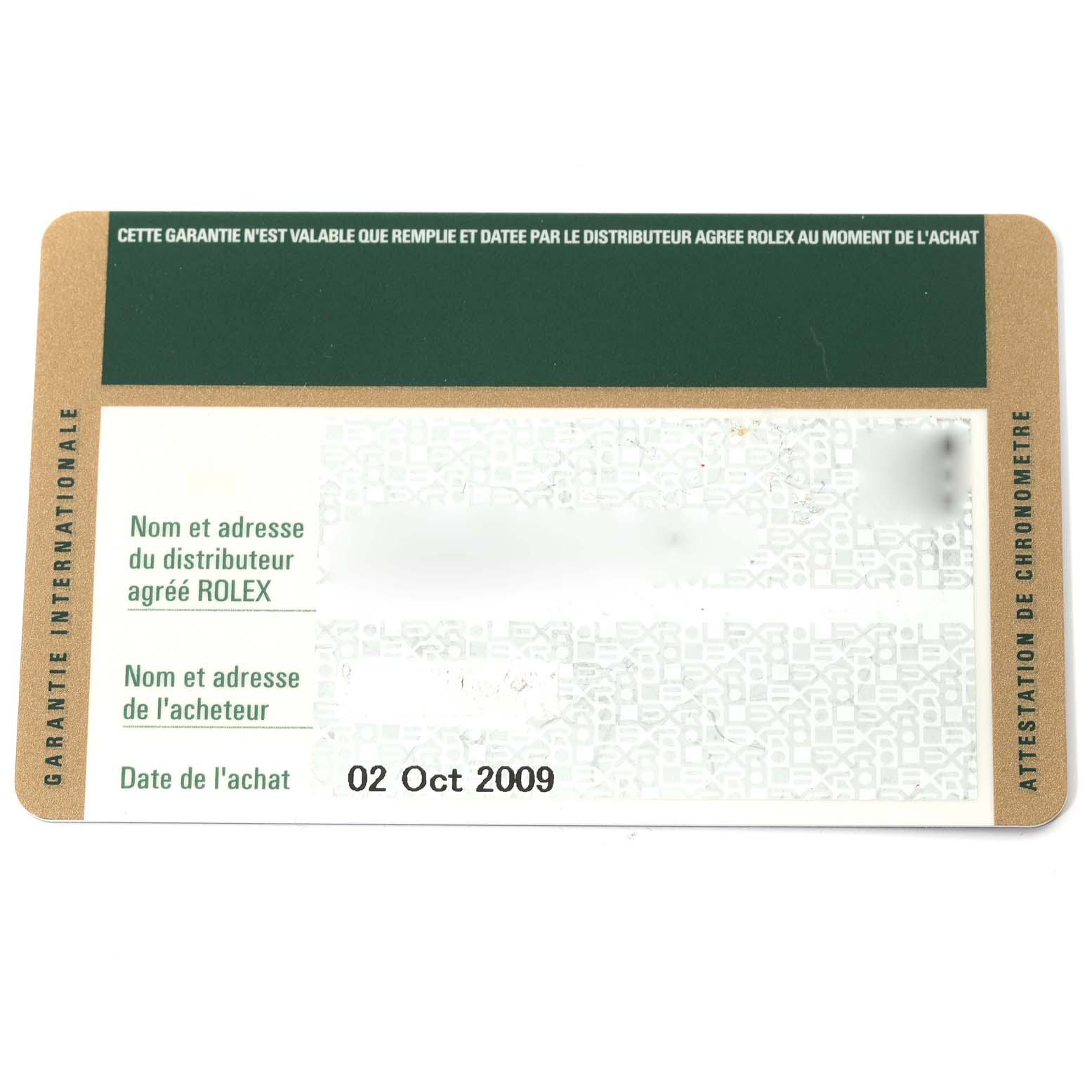The image shows a warranty card for a Rolex Explorer 16570 Men's Stainless Steel White Dial 16570 Men's Stainless Steel White Dial watch, dated 02 Oct 2009.