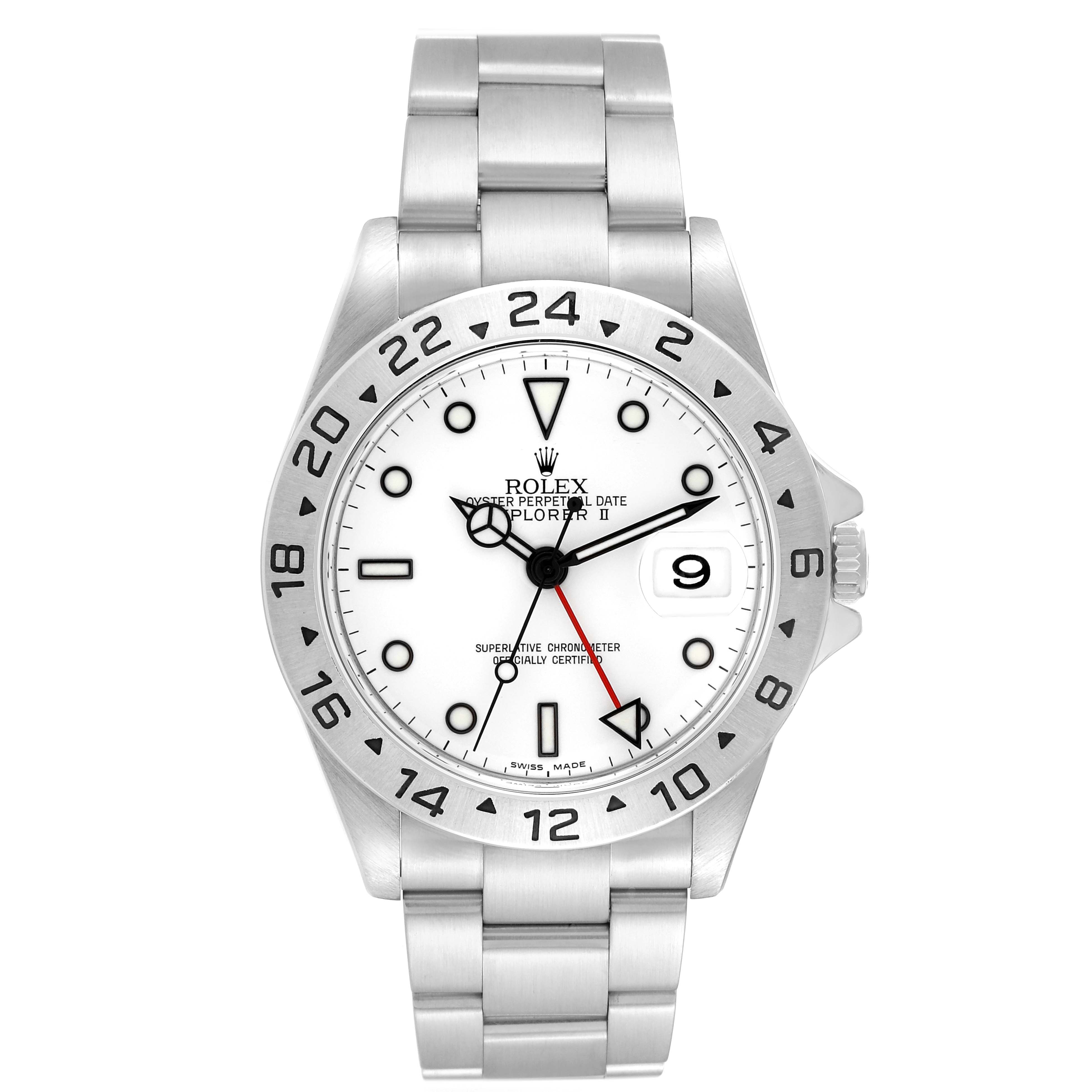 The image shows a frontal view of a Rolex Explorer 16570 Men's Stainless Steel White Dial 16570 Men's Stainless Steel White Dial model watch, displaying its dial, bezel, and bracelet.