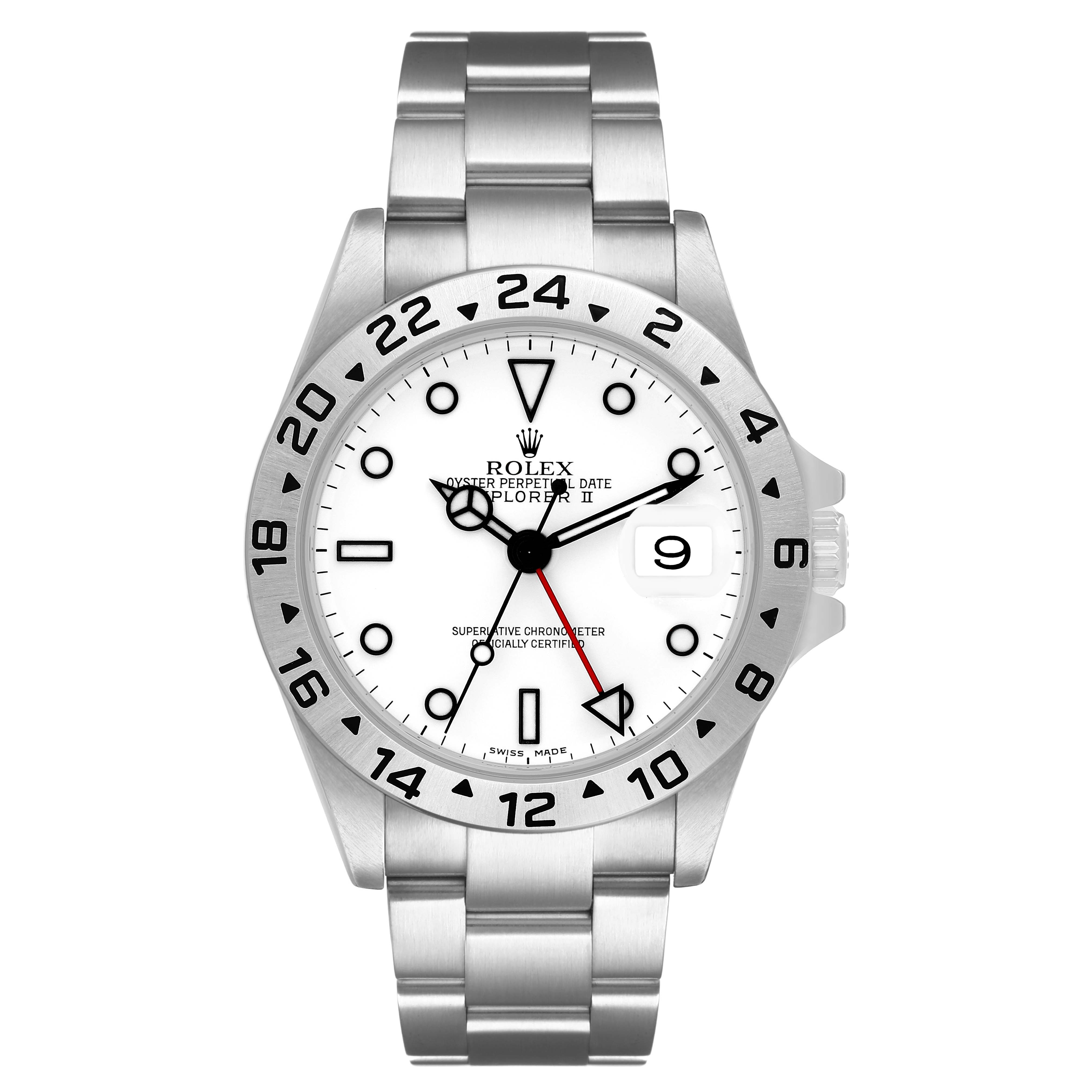 The image shows a front view of the Rolex Explorer 16570 Men's Stainless Steel White Dial II watch, displaying the dial, bezel, and bracelet.