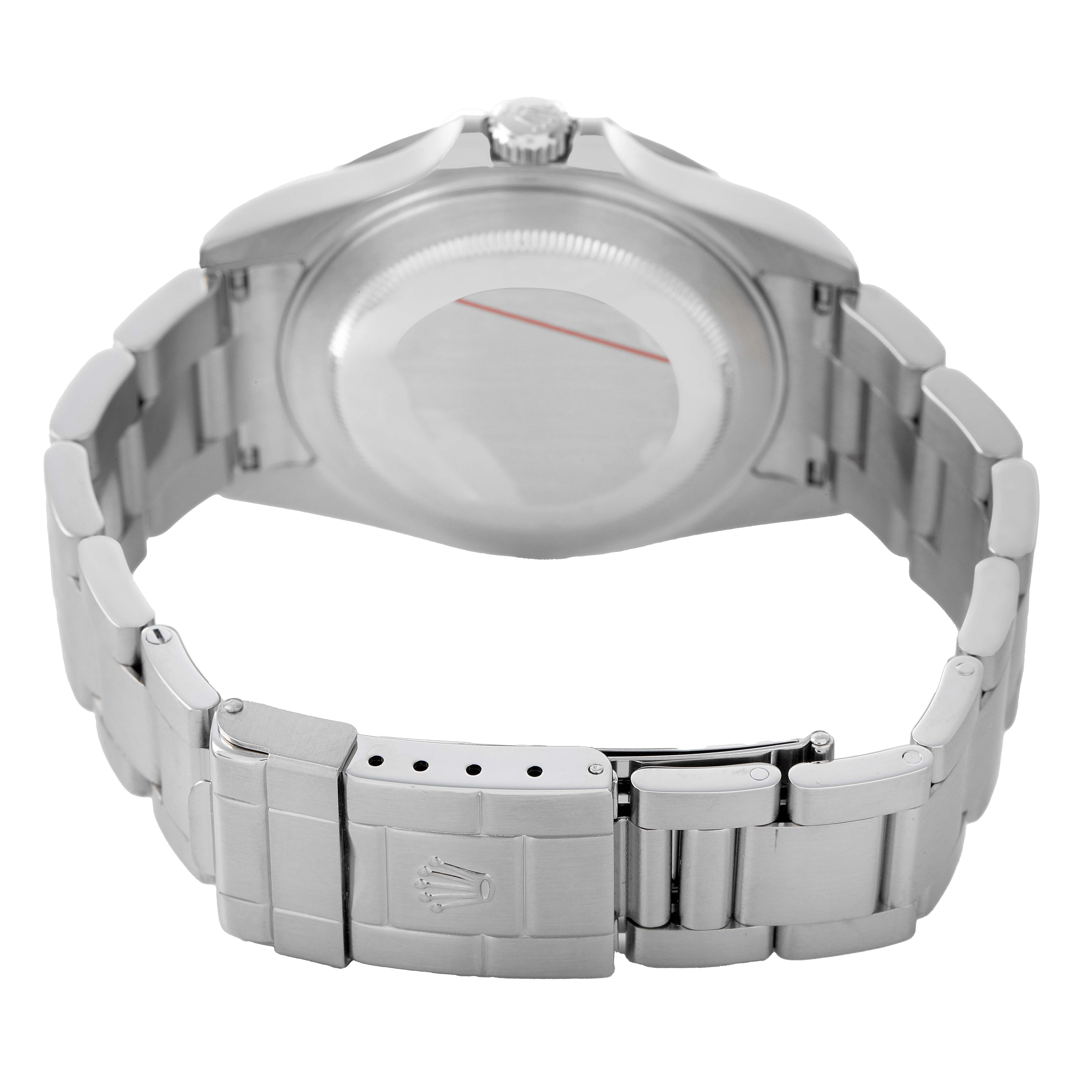 The image shows the back view of the Rolex Explorer 16570 Men's Stainless Steel White Dial, highlighting the closed bracelet and clasp.