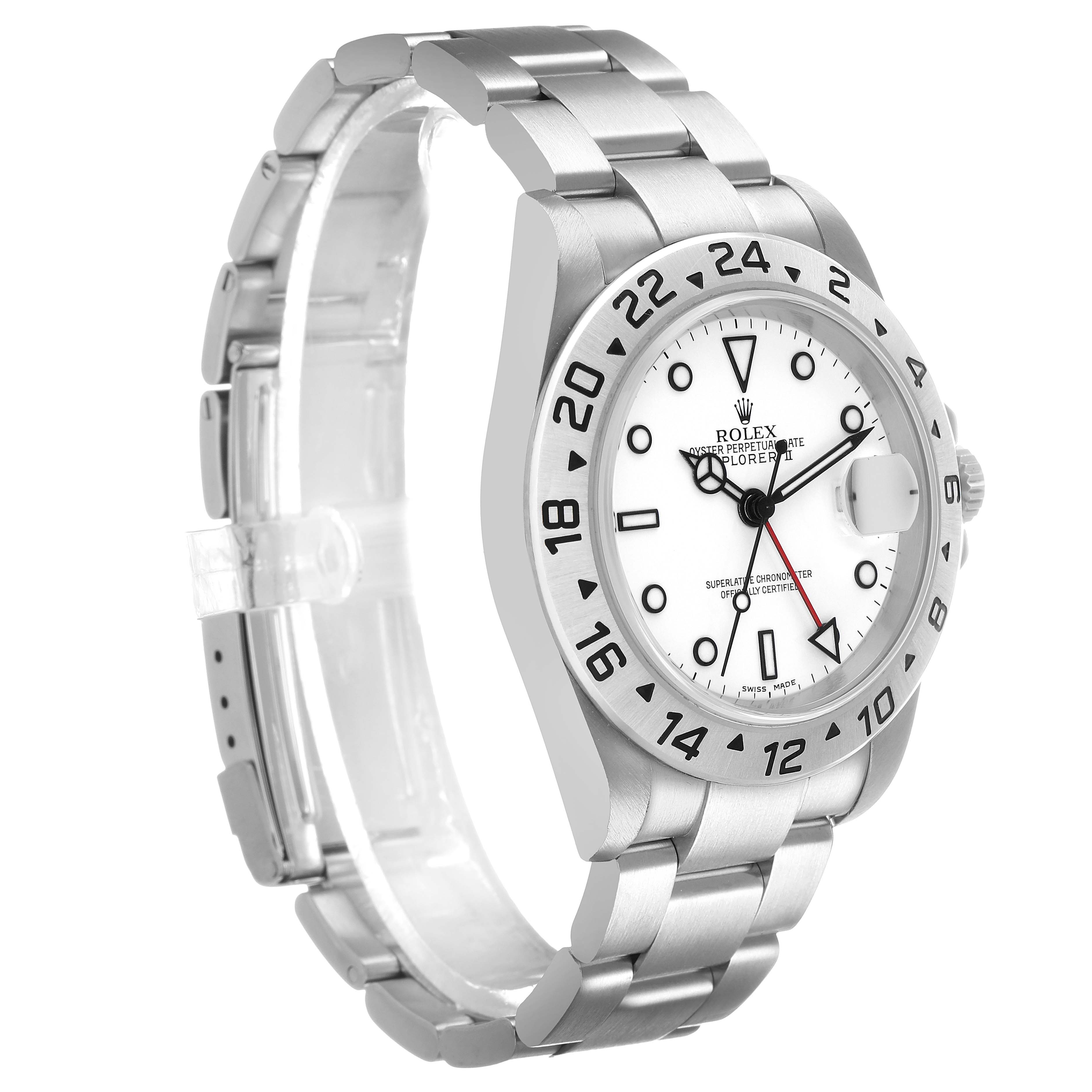 The Rolex Explorer 16570 Men's Stainless Steel White Dial watch is shown in a left-side, angled view showcasing the bezel, dial, and bracelet.