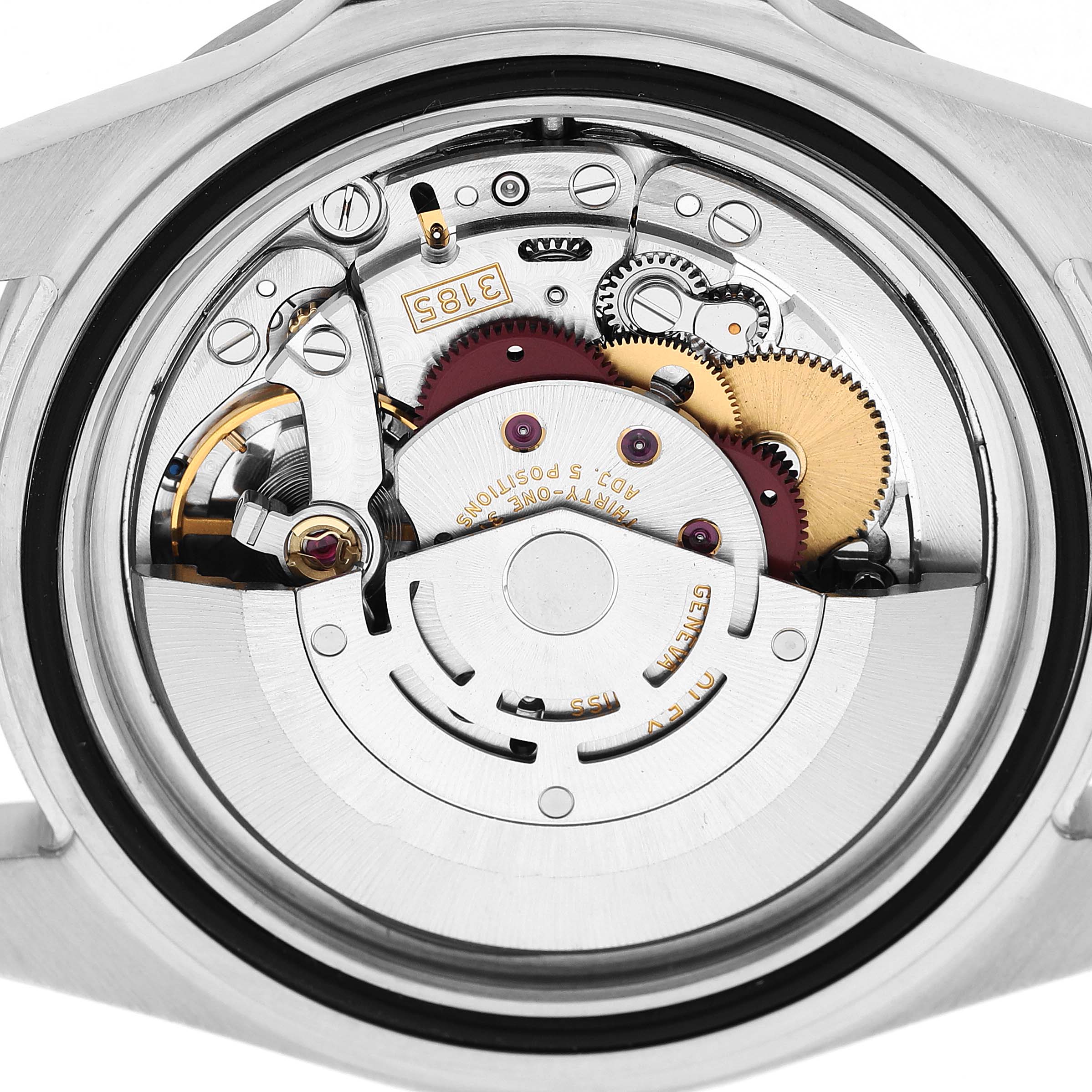 The image shows the movement of a Rolex Explorer 16570 Men's Stainless Steel White Dial watch from a top-down angle, highlighting gears and mechanical parts.