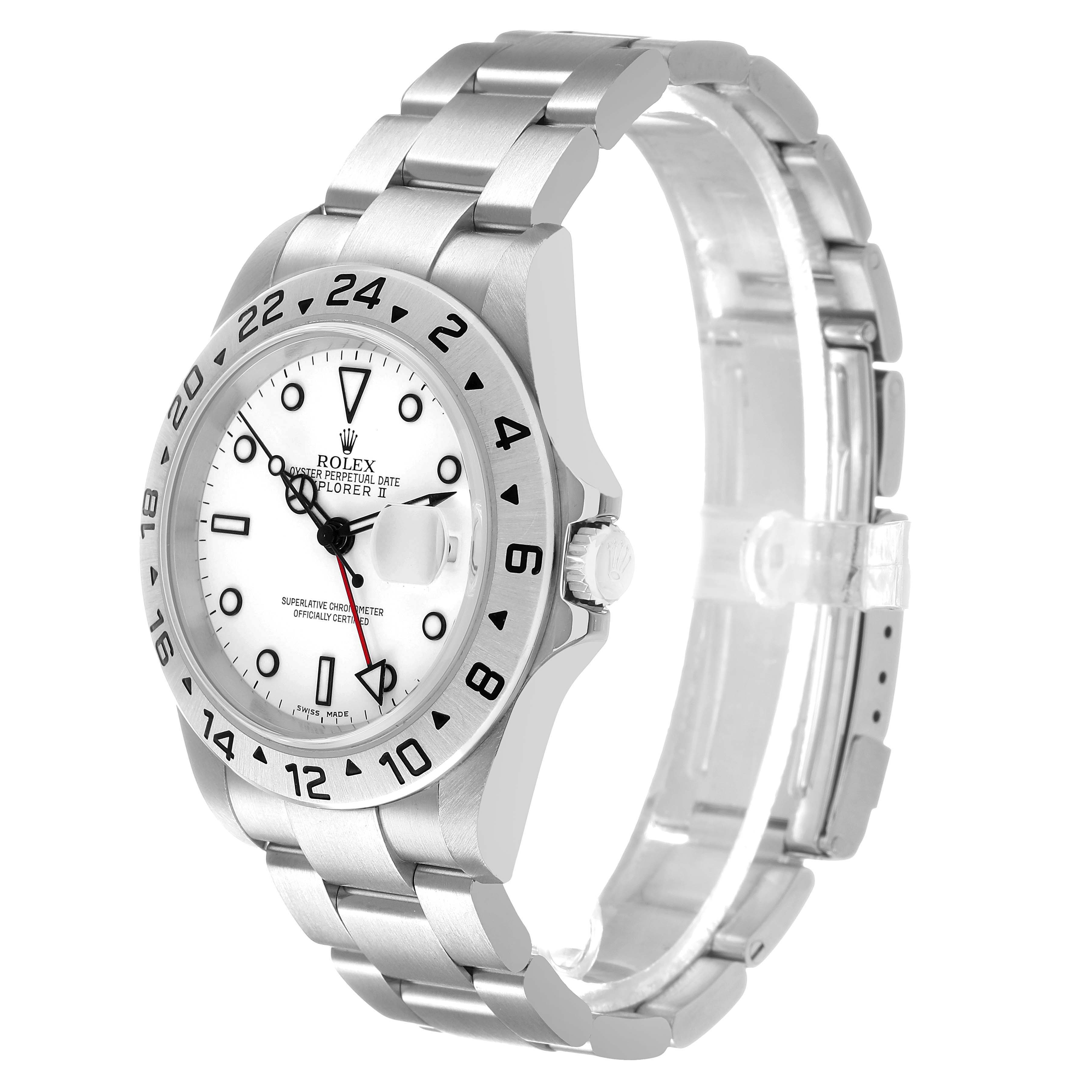 The Rolex Explorer 16570 Men's Stainless Steel White Dial watch is shown at a slight angle highlighting the face, bezel, crown, and bracelet.