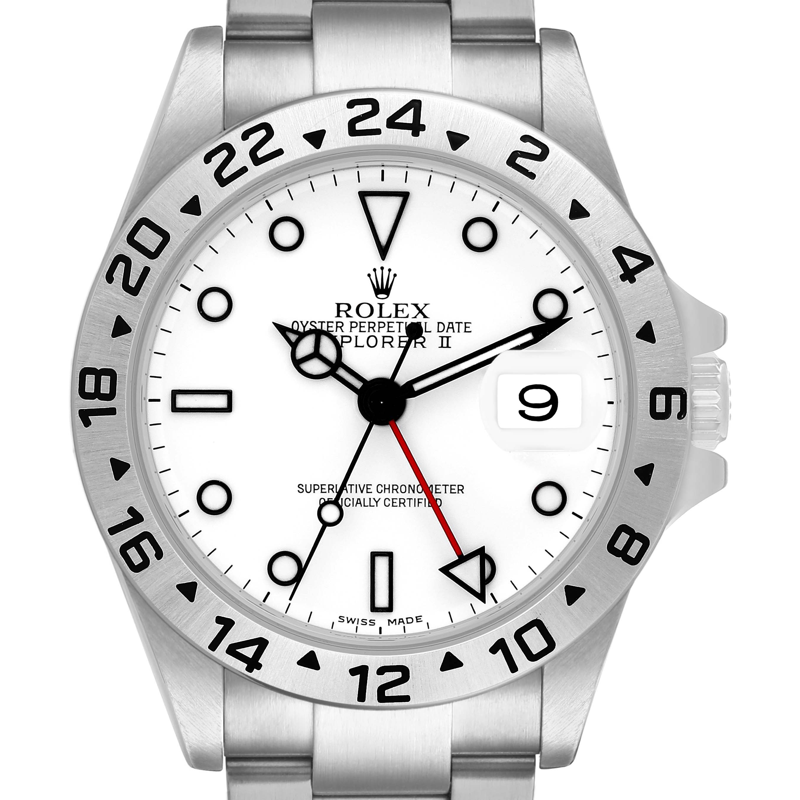 The Rolex Explorer 16570 Men's Stainless Steel White Dial model is shown from a front angle, displaying the face, bezel, and part of the bracelet.
