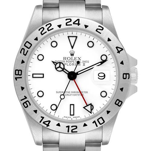 The Rolex Explorer 16570 Men's Stainless Steel White Dial watch is shown from the front, highlighting the dial, bezel, and part of the bracelet.