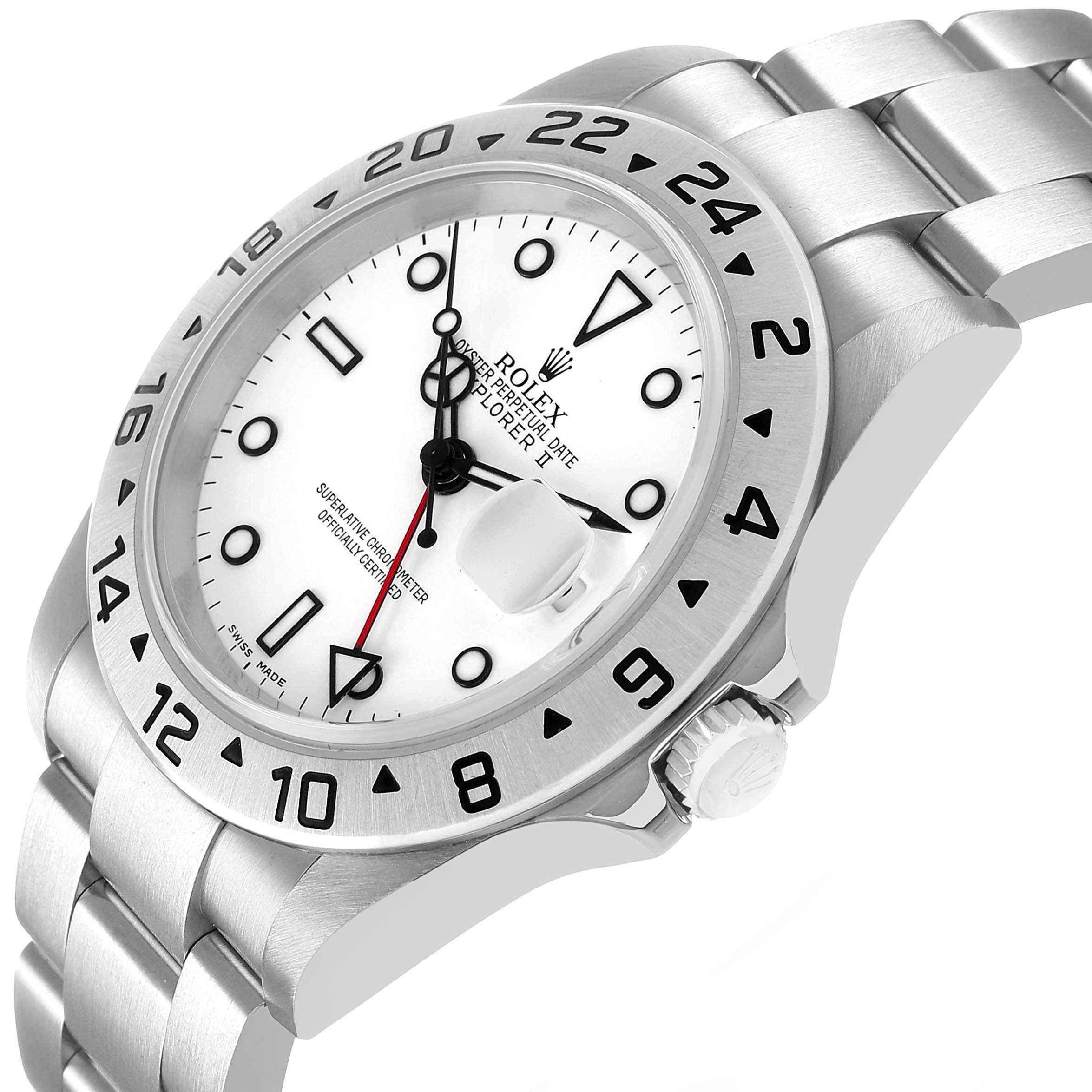 The Rolex Explorer 16570 Men's Stainless Steel White Dial watch is shown at a slight angle, highlighting the face, bezel, crown, and part of the bracelet.