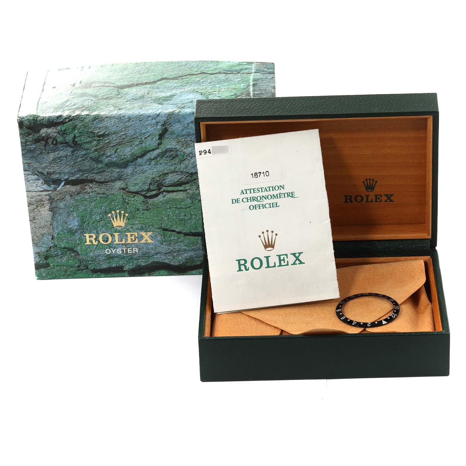 The image shows the outer box, inner case, manual, and bezel insert for a Rolex GMT-Master 16710 Men
s Stainless Steel Black Dial 16710 Men
s Stainless Steel Black Dial model.