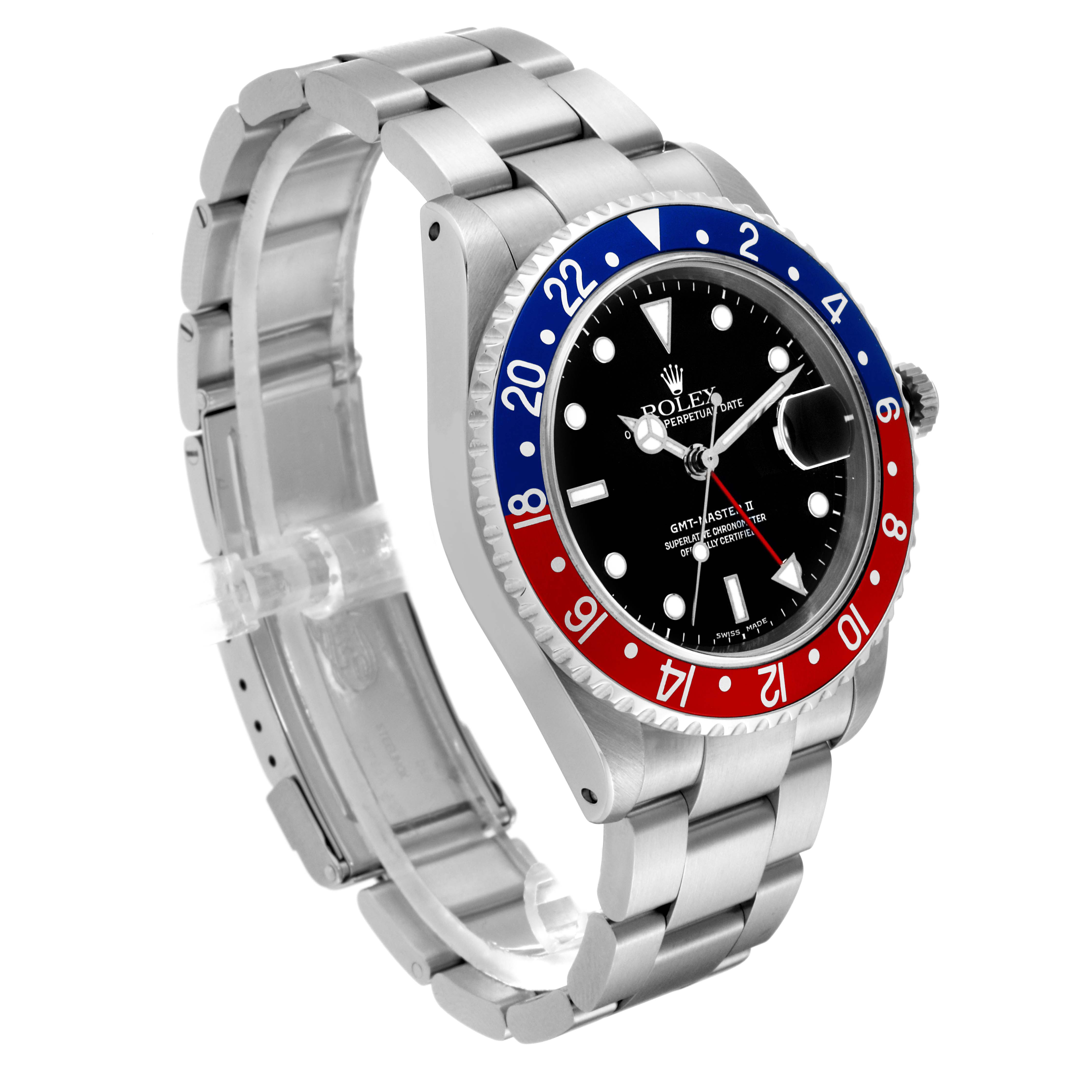 This image shows a Rolex GMT-Master 16710 Men
s Stainless Steel Black Dial 16710 Men
s Stainless Steel Black Dial watch at a three-quarter angle, highlighting the bezel, dial, and bracelet.