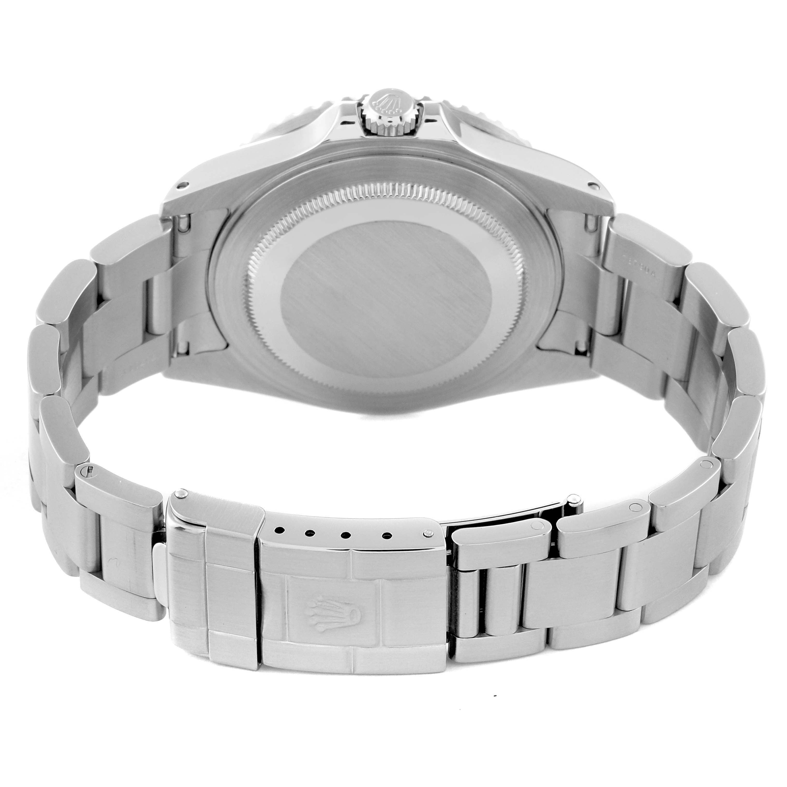 The image shows the back view of a Rolex GMT-Master 16710 Men
s Stainless Steel Black Dial 16710 Men
s Stainless Steel Black Dial watch, focusing on the case back and the metal bracelet with clasp.