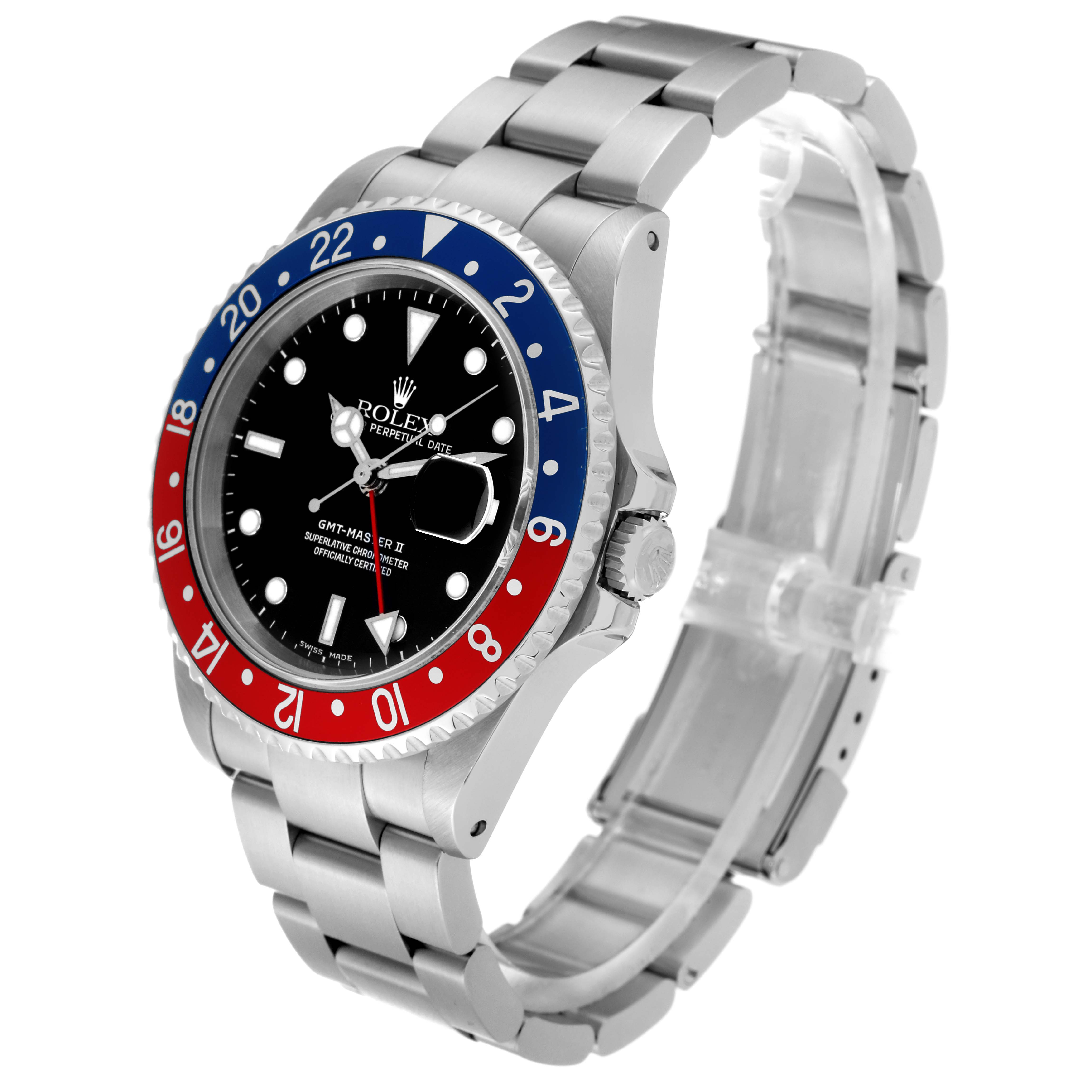 This Rolex GMT-Master 16710 Men
s Stainless Steel Black Dial 16710 Men
s Stainless Steel Black Dial II watch is shown at an angle highlighting the face, bezel, case, and bracelet.