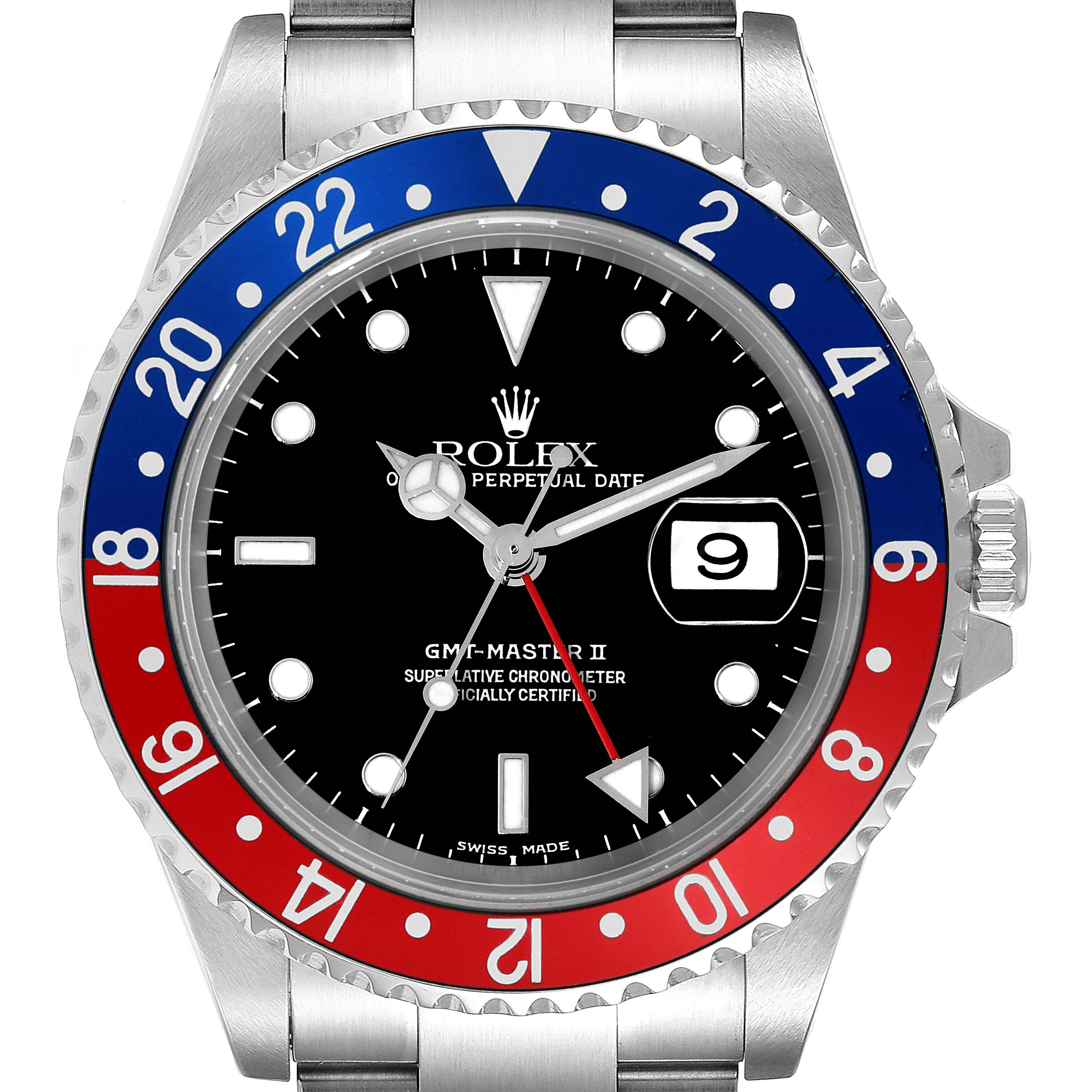 This image shows a front view of a Rolex GMT-Master 16710 Men
s Stainless Steel Black Dial 16710 Men
s Stainless Steel Black Dial II watch, displaying its bezel, dial, and part of the bracelet.