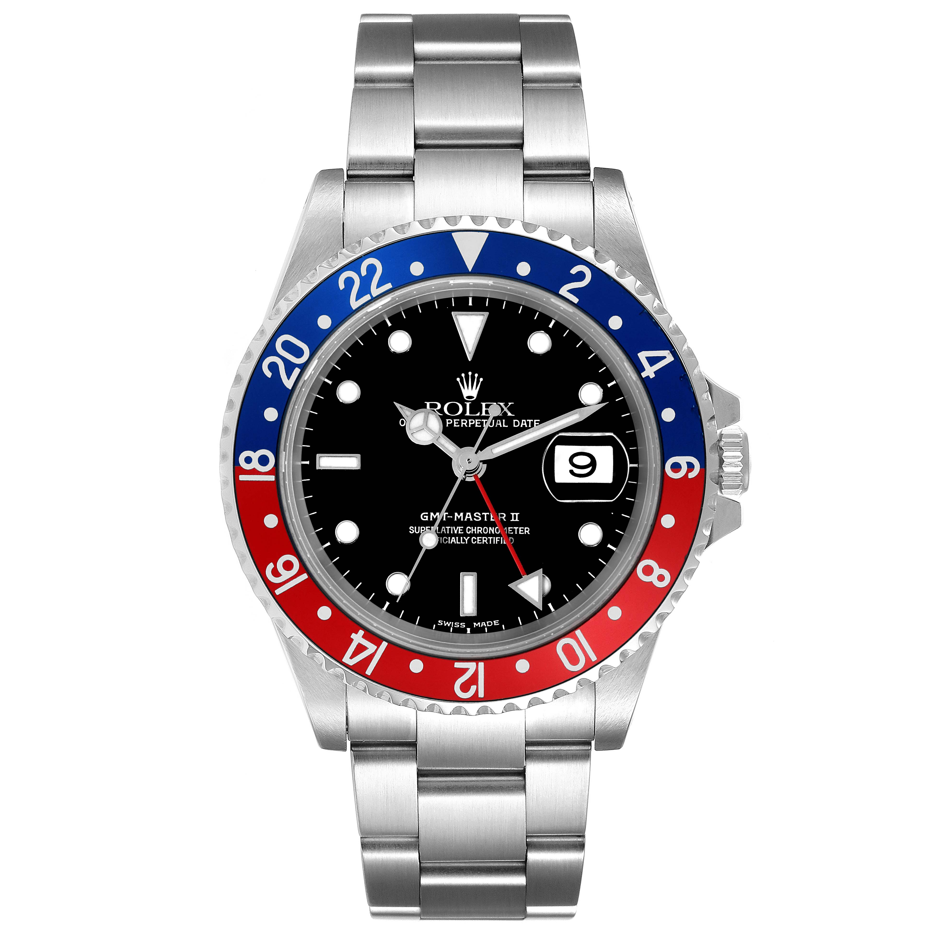This image shows a front view of the Rolex GMT-Master 16710 Men
s Stainless Steel Black Dial 16710 Men
s Stainless Steel Black Dial II watch, featuring a 
Pepsi
 bezel in blue and red.