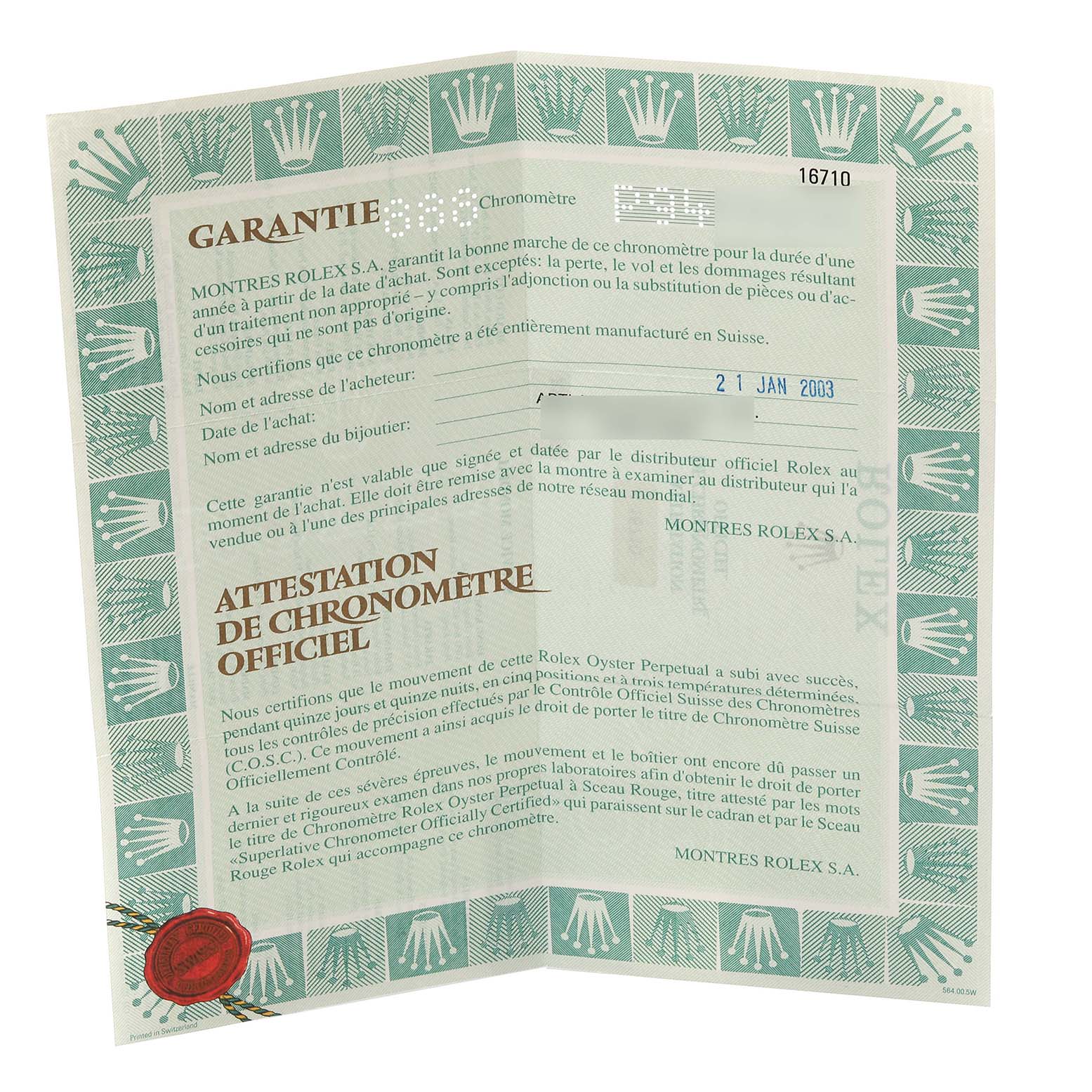 The image shows an unfolded warranty card for the Rolex GMT-Master 16710 Men
s Stainless Steel Black Dial 16710 Men
s Stainless Steel Black Dial watch, highlighting text and official seals.