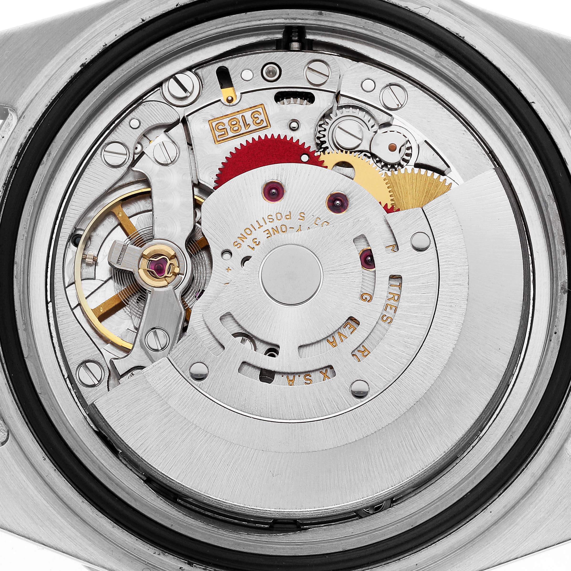 This image shows the internal movement mechanism of a Rolex GMT-Master 16710 Men
s Stainless Steel Black Dial 16710 Men
s Stainless Steel Black Dial model watch from a close-up angle.