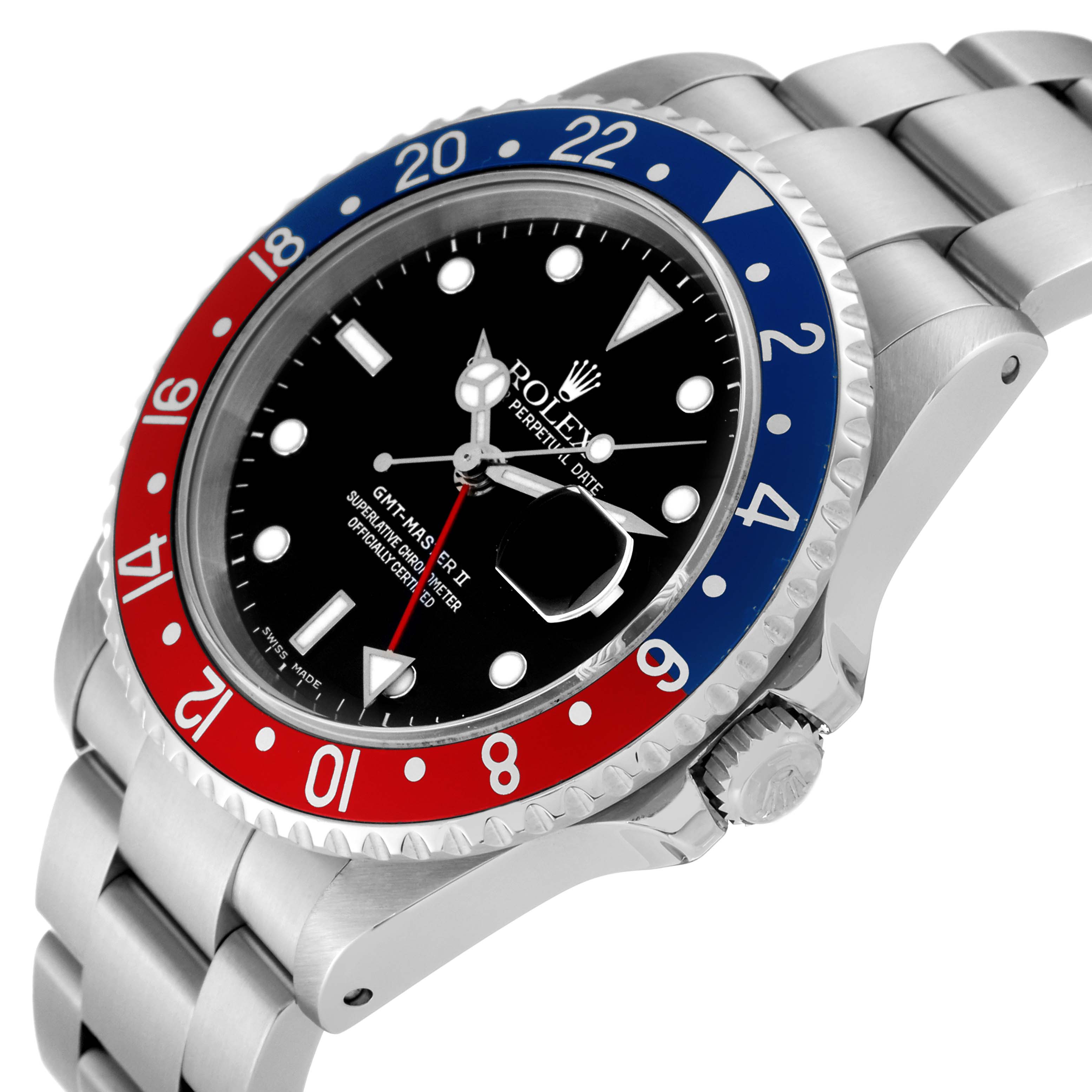The image shows a Rolex GMT-Master 16710 Men
s Stainless Steel Black Dial 16710 Men
s Stainless Steel Black Dial watch at an angled view, highlighting the bezel, dial, and part of the stainless steel bracelet.