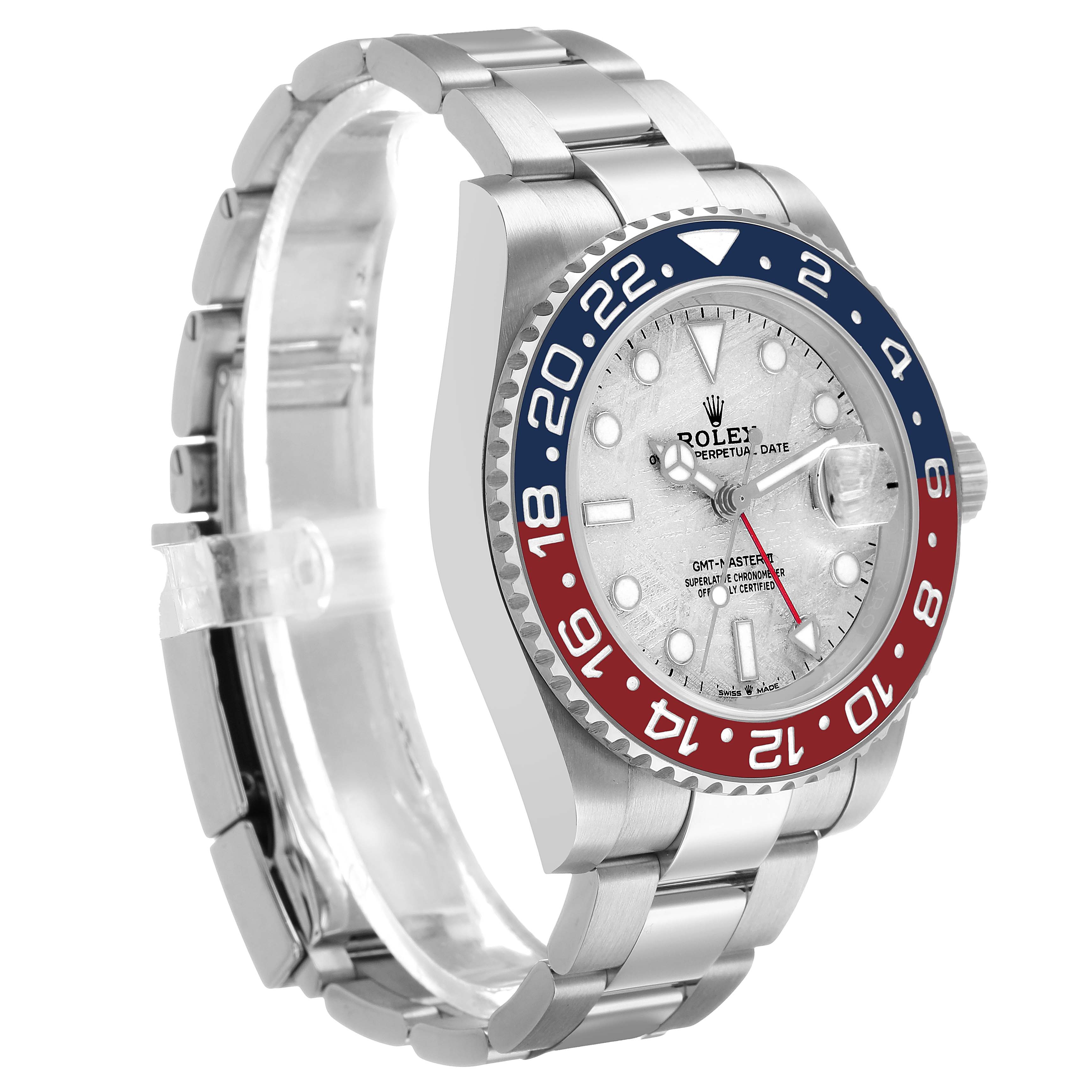 The Rolex GMT-Master 126719BLRO Men's White Gold Silver Dial watch is shown from a front left angle, highlighting the case, bezel, dial, and bracelet.