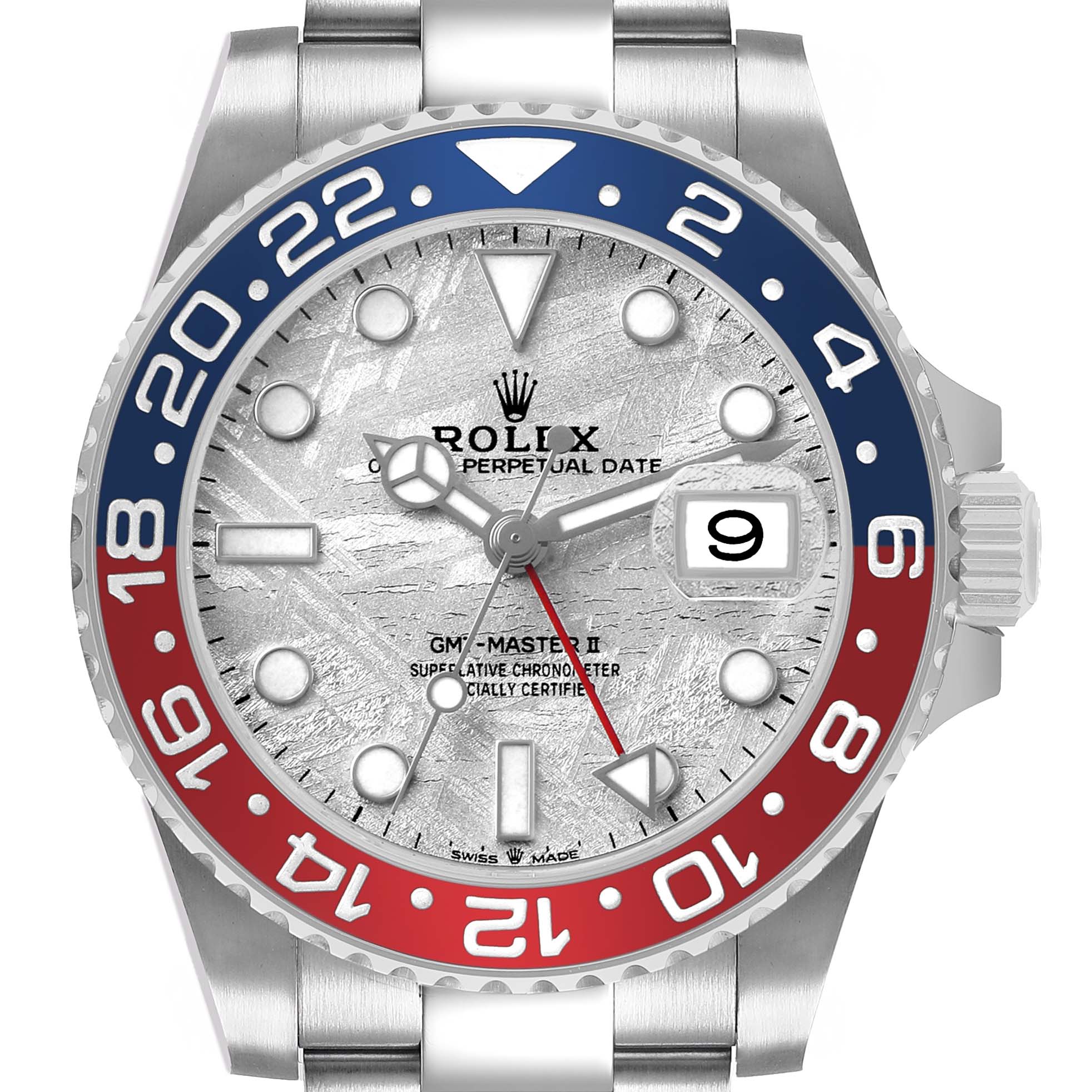The Rolex GMT-Master 126719BLRO Men's White Gold Silver Dial II is shown from a front angle, highlighting its bezel, dial, hands, and crown.