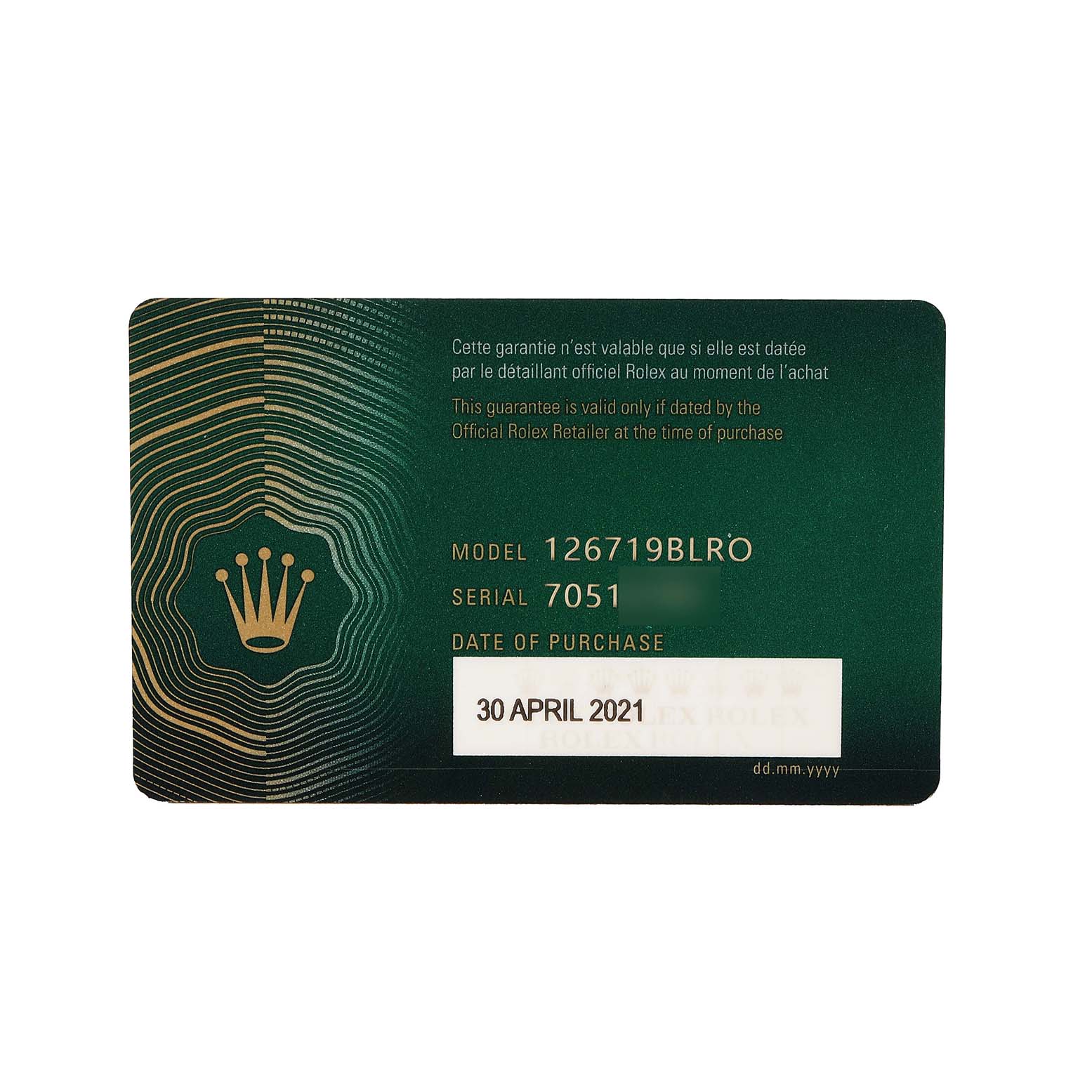 The image shows a warranty card for a Rolex GMT-Master 126719BLRO Men's White Gold Silver Dial model 126719BLRO.