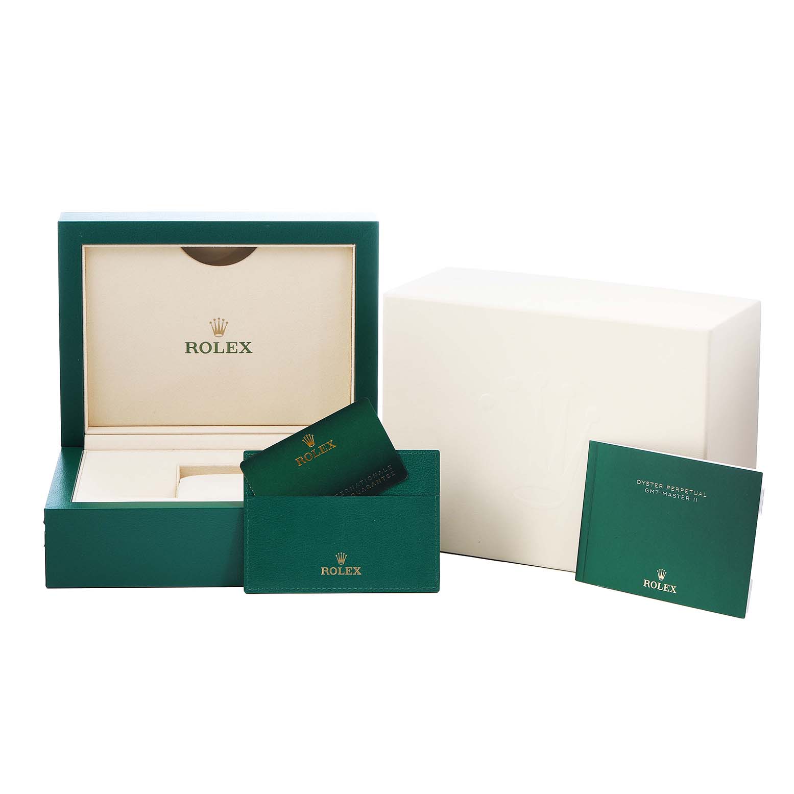 The image shows the packaging and accessories for a Rolex GMT-Master 126719BLRO Men's White Gold Silver Dial, including the box and documentation.