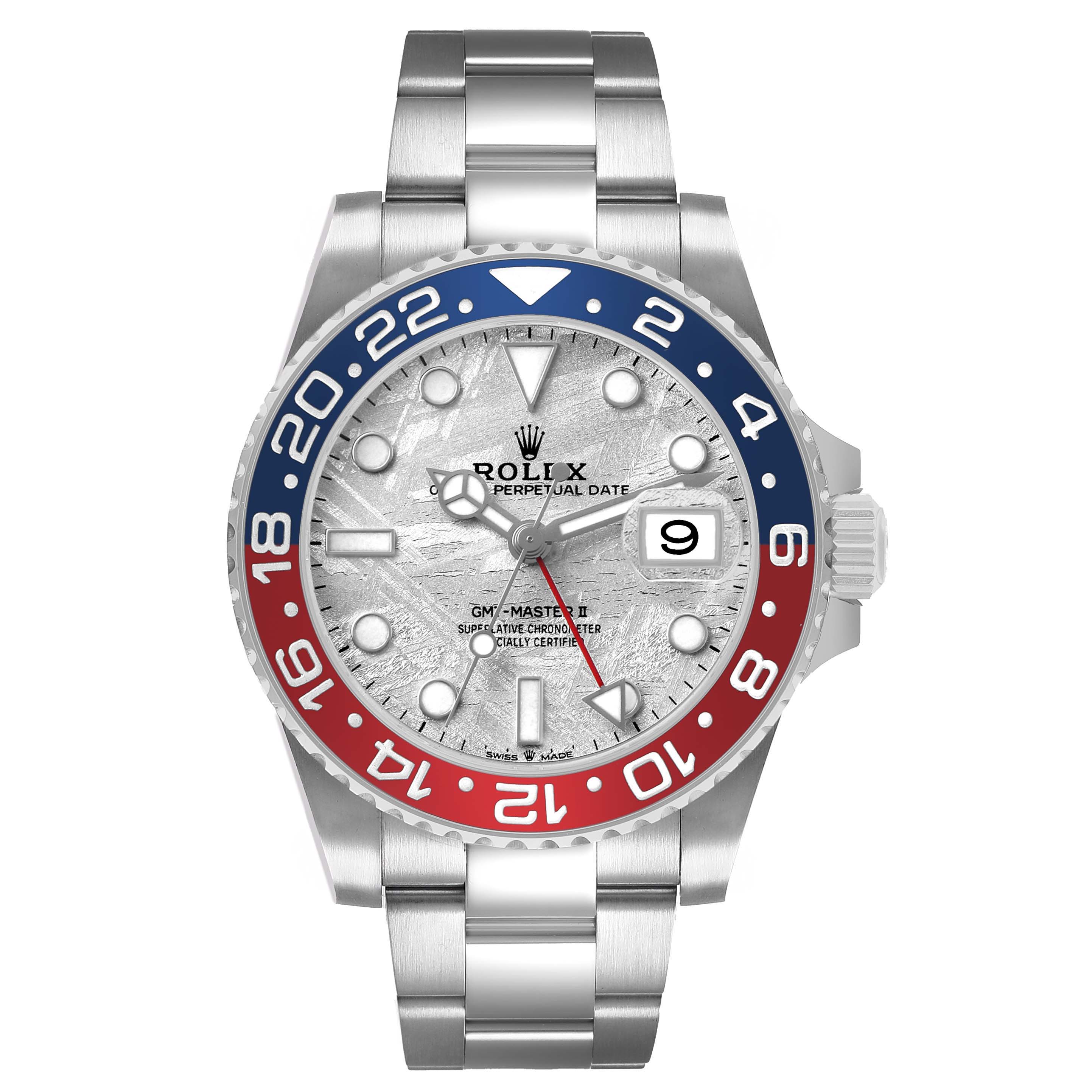 The Rolex GMT-Master 126719BLRO Men's White Gold Silver Dial watch is shown from a front angle, displaying the bezel, dial, bracelet, and crown.
