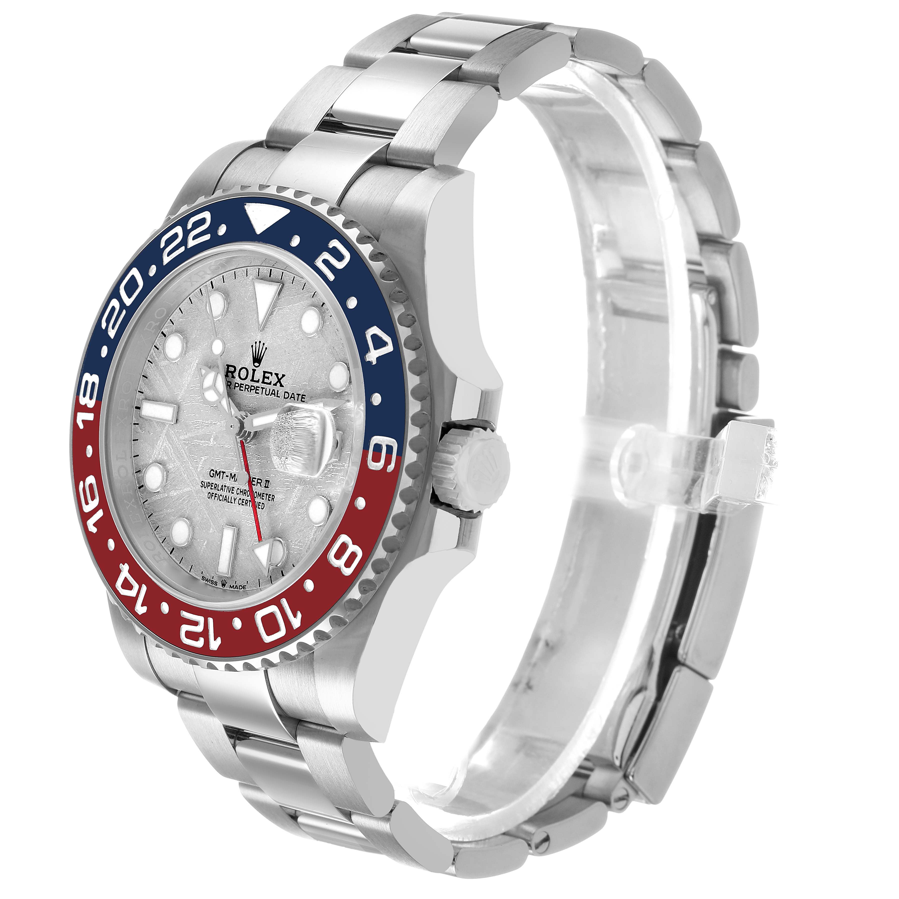 The Rolex GMT-Master 126719BLRO Men's White Gold Silver Dial watch is shown at a three-quarter angle, displaying the bezel, dial, and part of the bracelet.