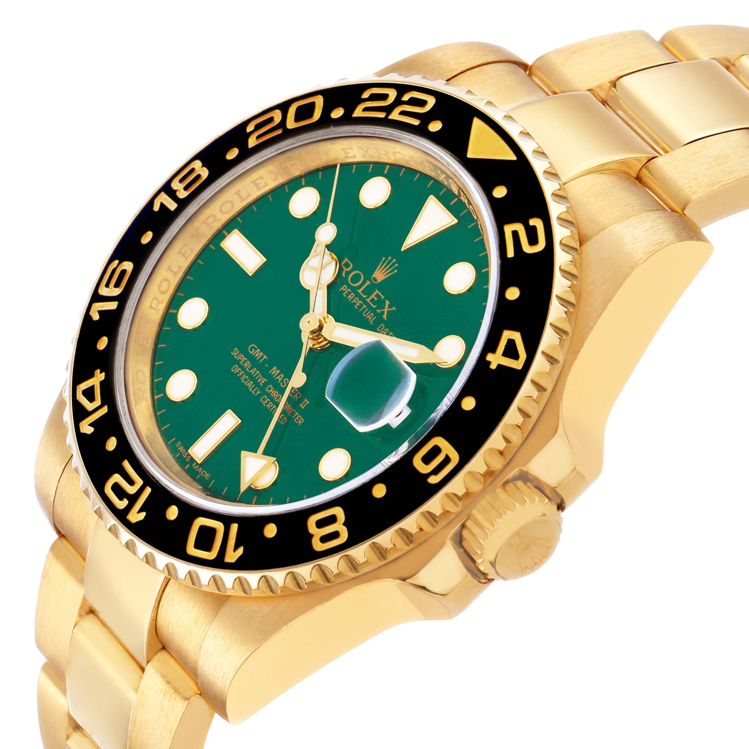 The Rolex GMT-Master 116718 Men's Yellow Gold Green Dial watch is shown at a slight angle showcasing the bezel, green dial, case, and part of the bracelet.