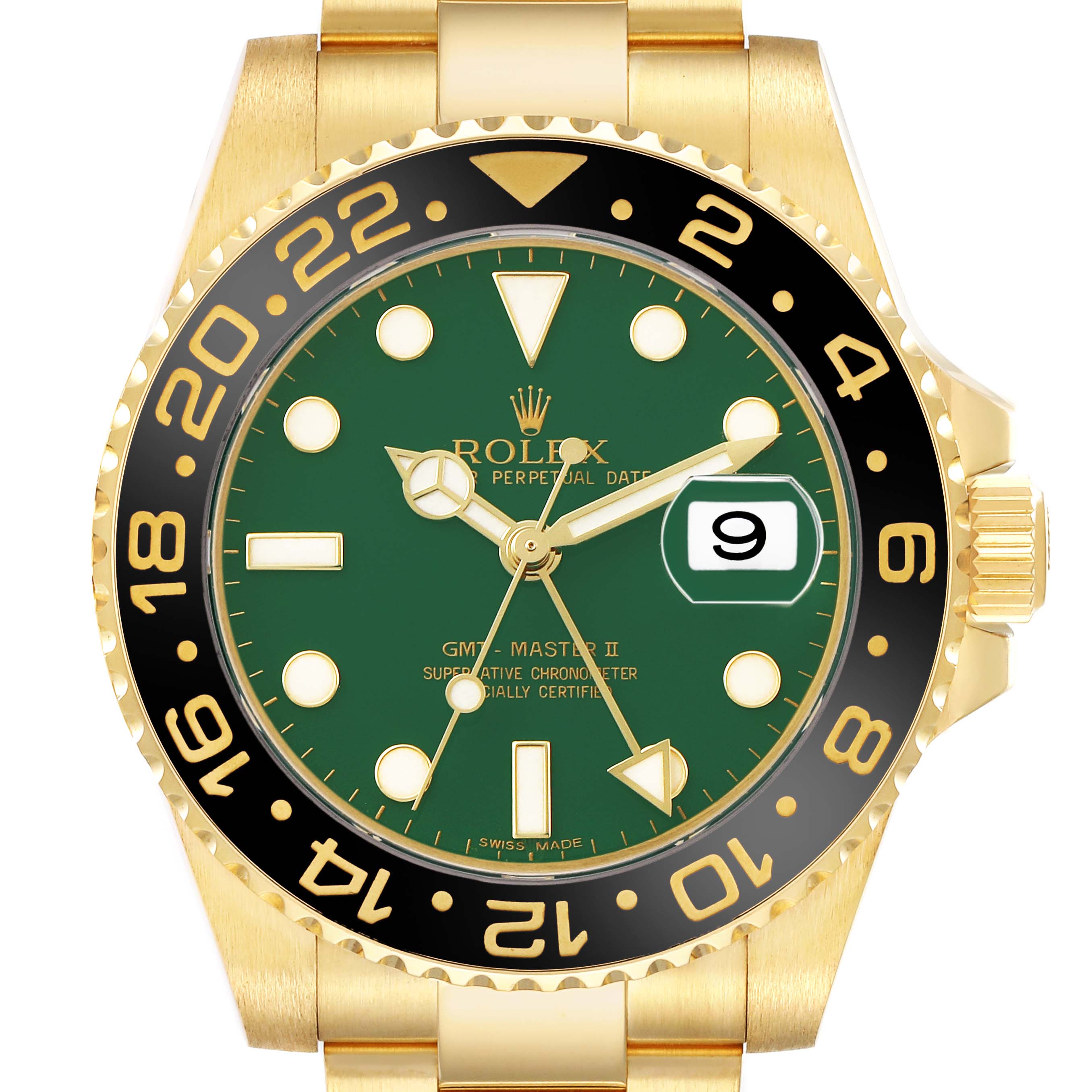 The Rolex GMT-Master 116718 Men's Yellow Gold Green Dial watch is shown from a frontal angle, highlighting the dial, bezel, and crown.