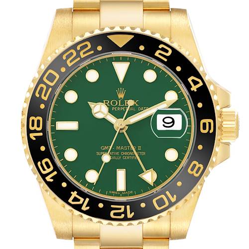 The Rolex GMT-Master 116718 Men's Yellow Gold Green Dial watch is shown from a front angle, displaying its face, bezel, and partial bracelet.