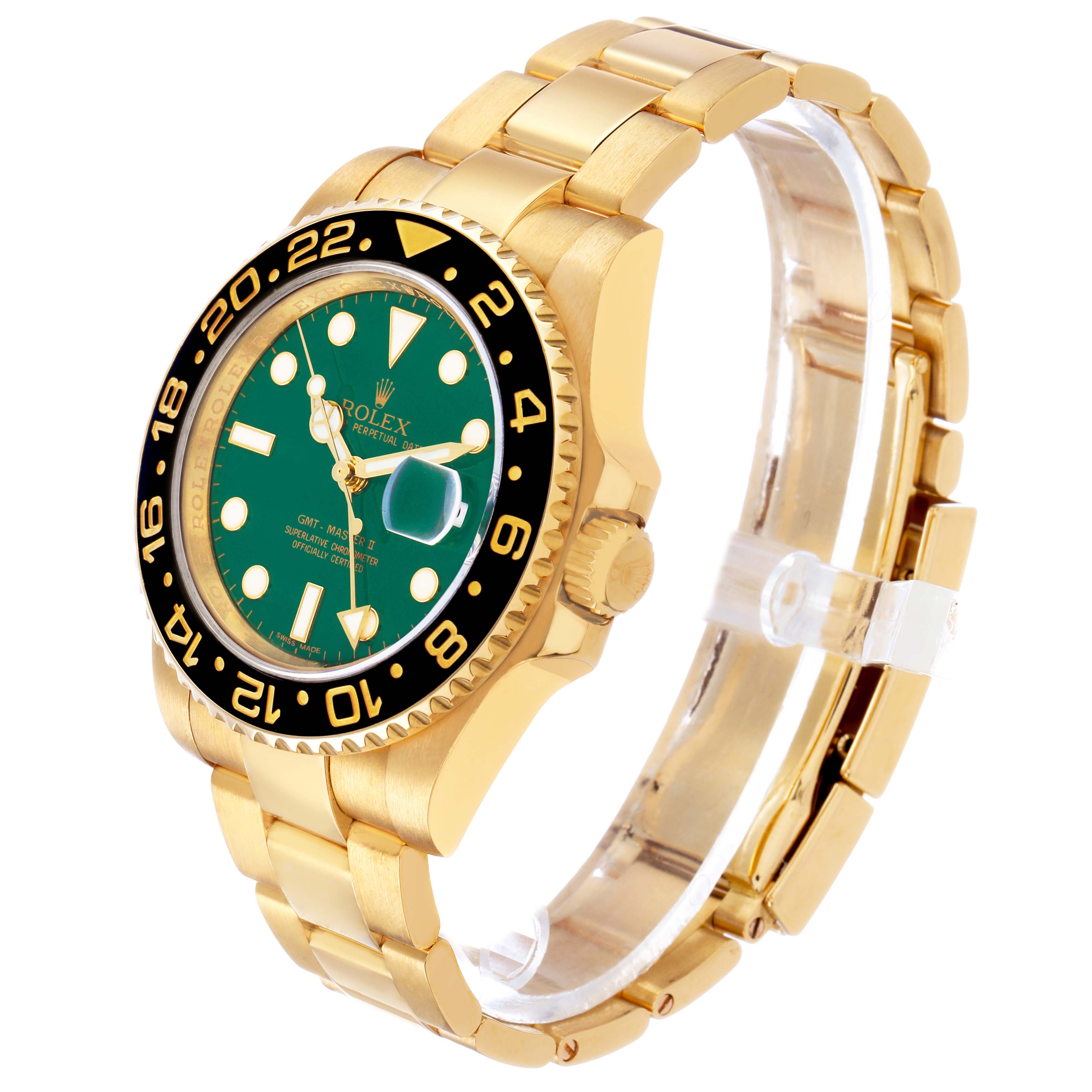 The Rolex GMT-Master 116718 Men's Yellow Gold Green Dial is shown in a three-quarter angle, highlighting the gold case, bezel, green dial, and bracelet.