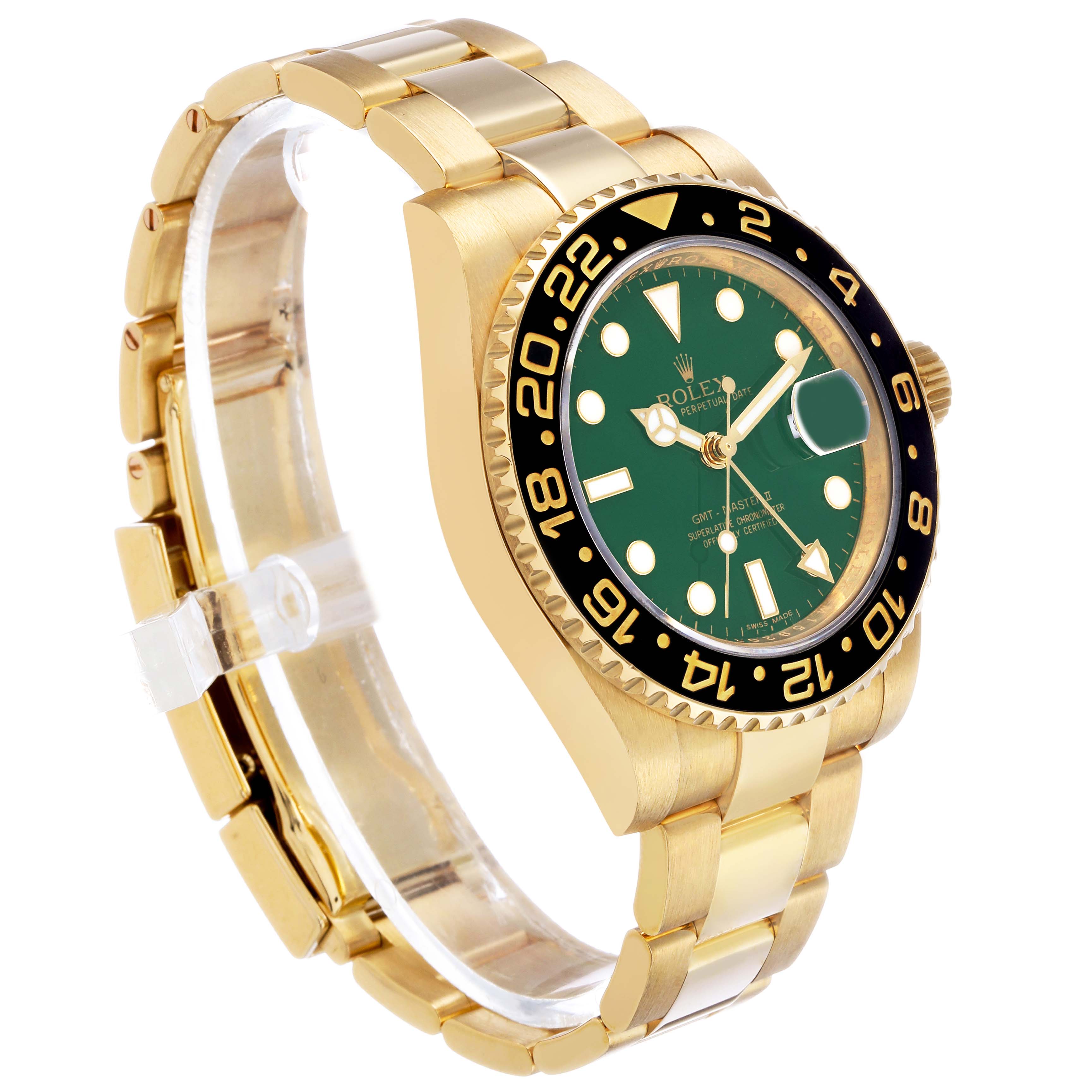 The Rolex GMT-Master 116718 Men's Yellow Gold Green Dial watch is shown from a front and side angle, displaying its gold case, green dial, and black bezel.