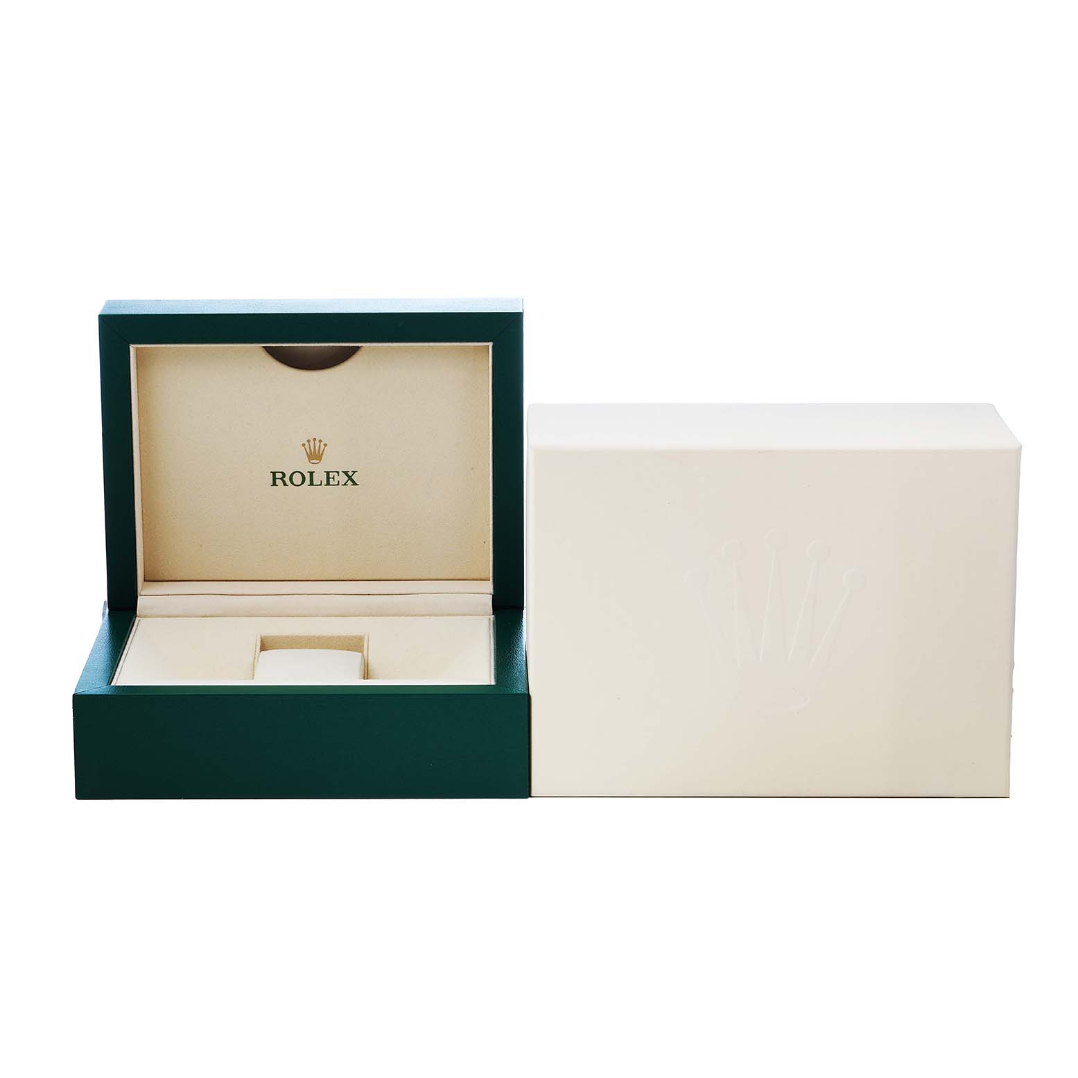 The image shows the open box of a Rolex GMT-Master 116718 Men's Yellow Gold Green Dial, with a green exterior and beige interior displaying the Rolex logo.