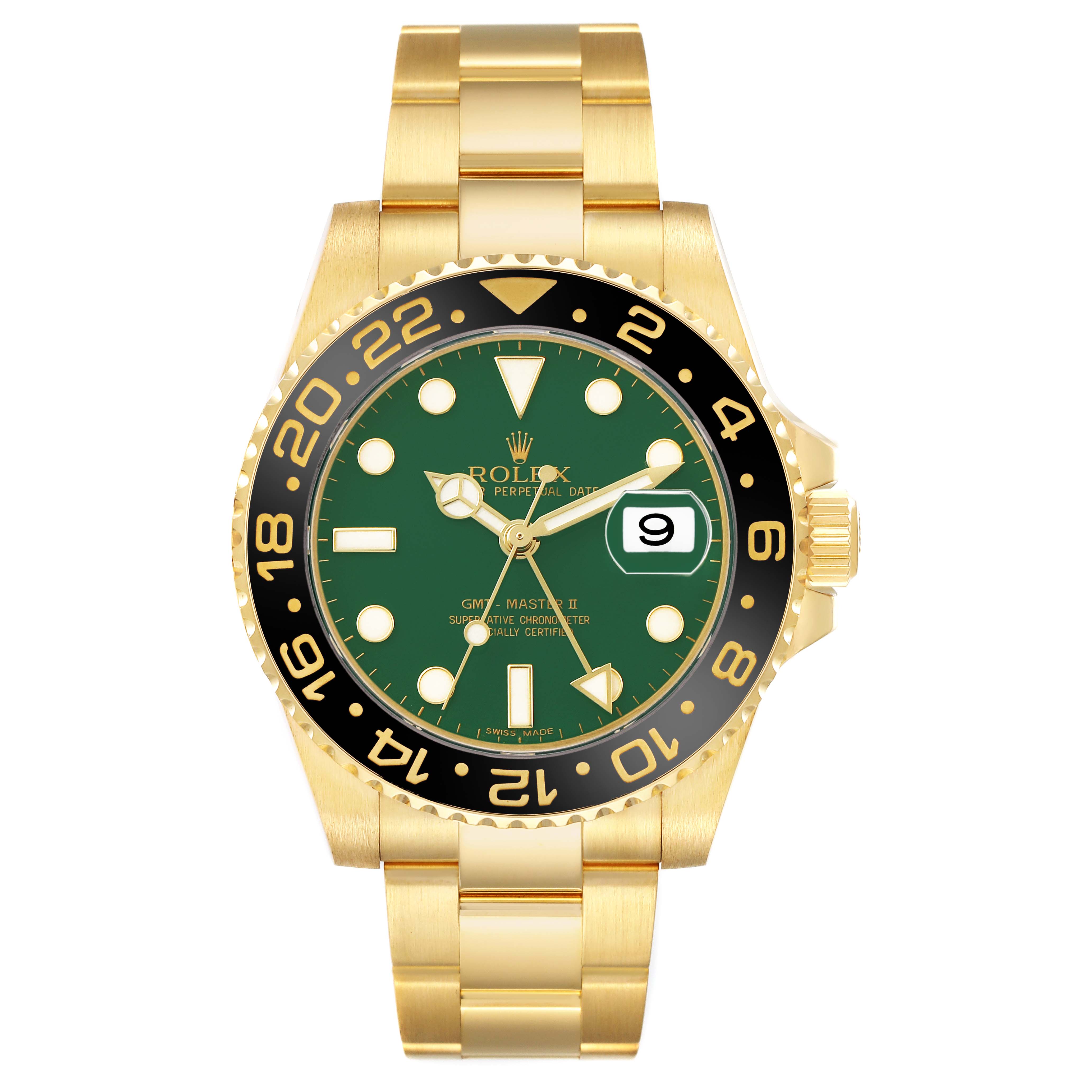The Rolex GMT-Master 116718 Men's Yellow Gold Green Dial watch is shown from a top-down angle highlighting its bezel, dial, and bracelet.