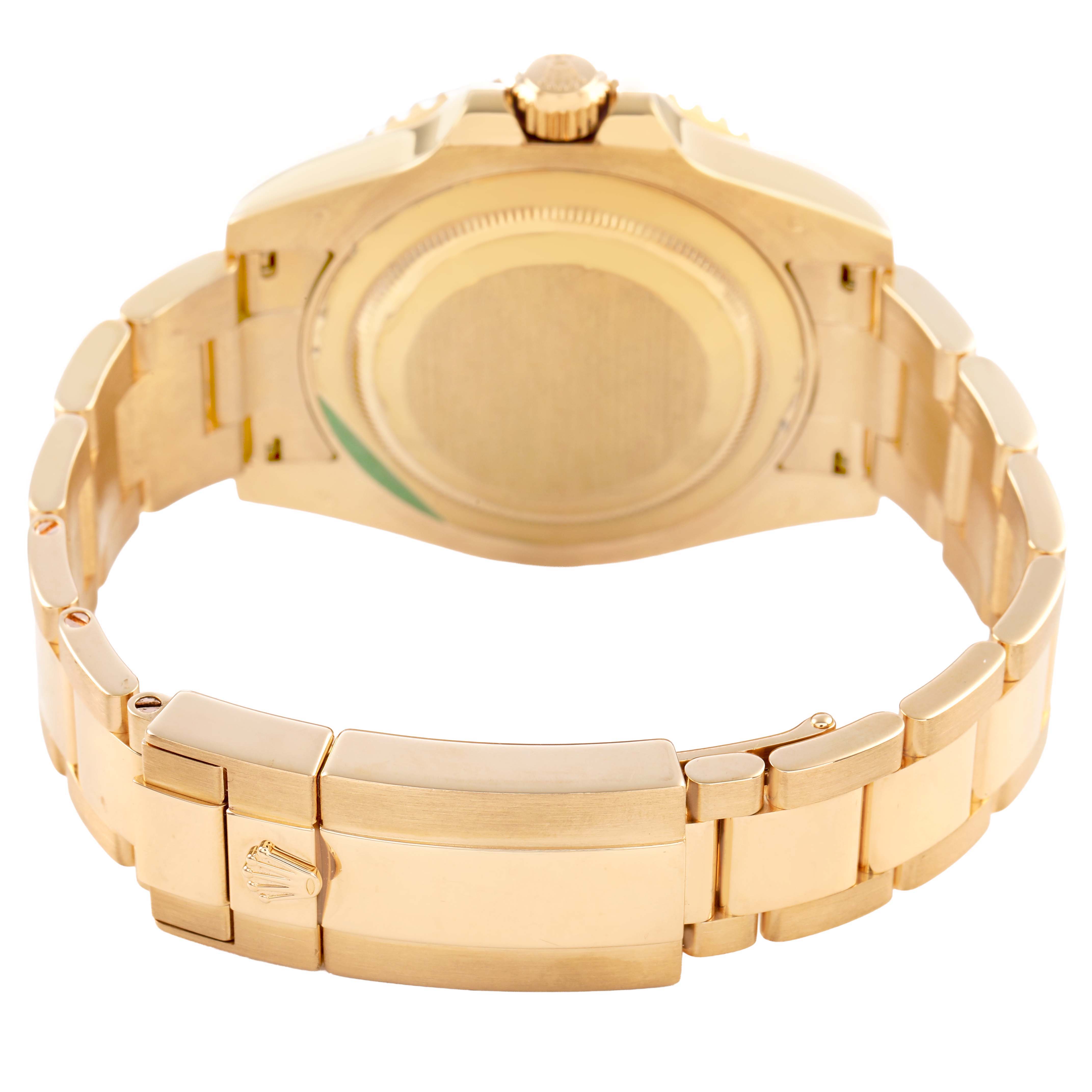 The image shows the back case and clasp of a Rolex GMT-Master 116718 Men's Yellow Gold Green Dial, viewed from the rear.