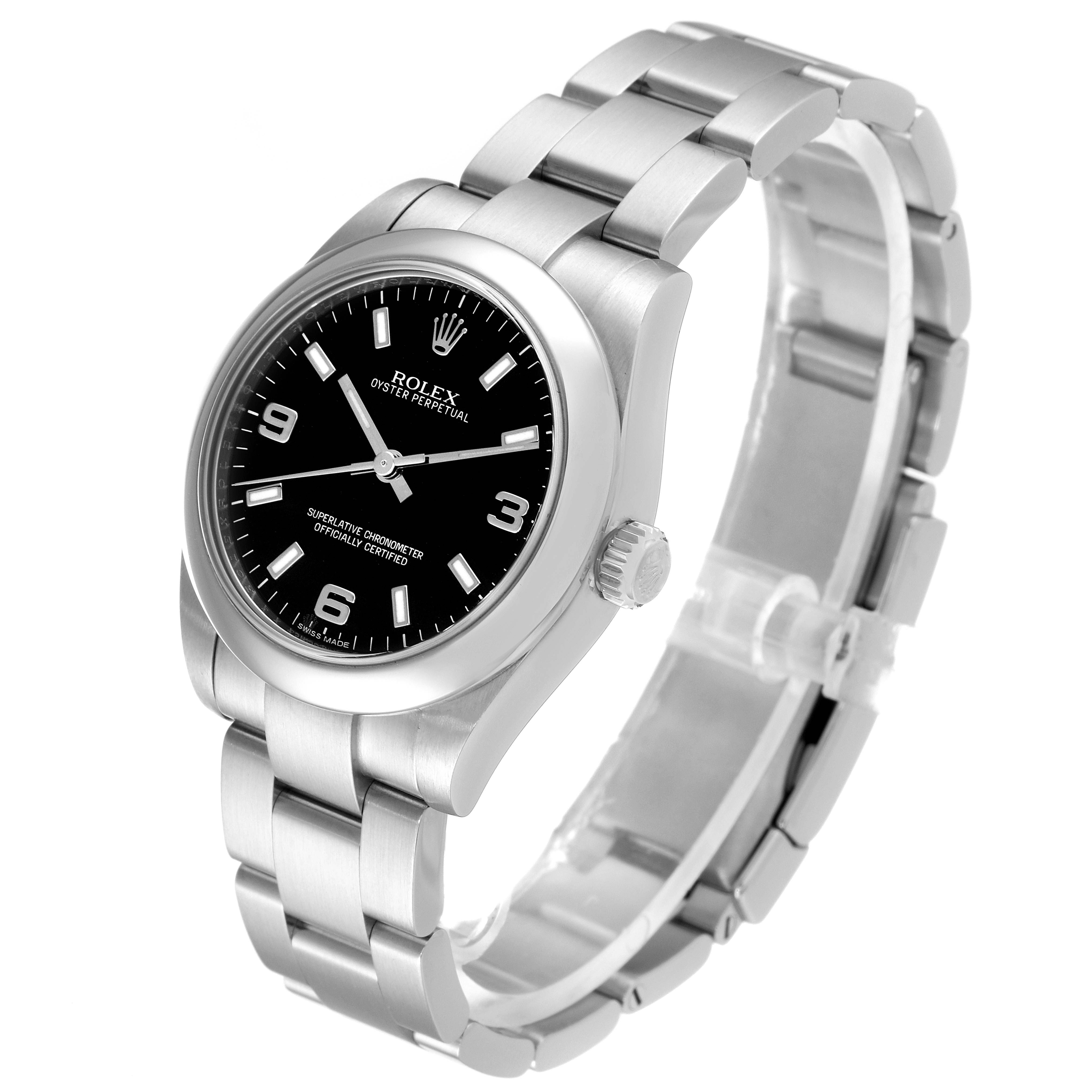 This Rolex Mid-Size 177200 Women's Stainless Steel Black Dial 177200 Women's Stainless Steel Black Dial watch is shown in a three-quarter angle, displaying its face, crown, and bracelet.