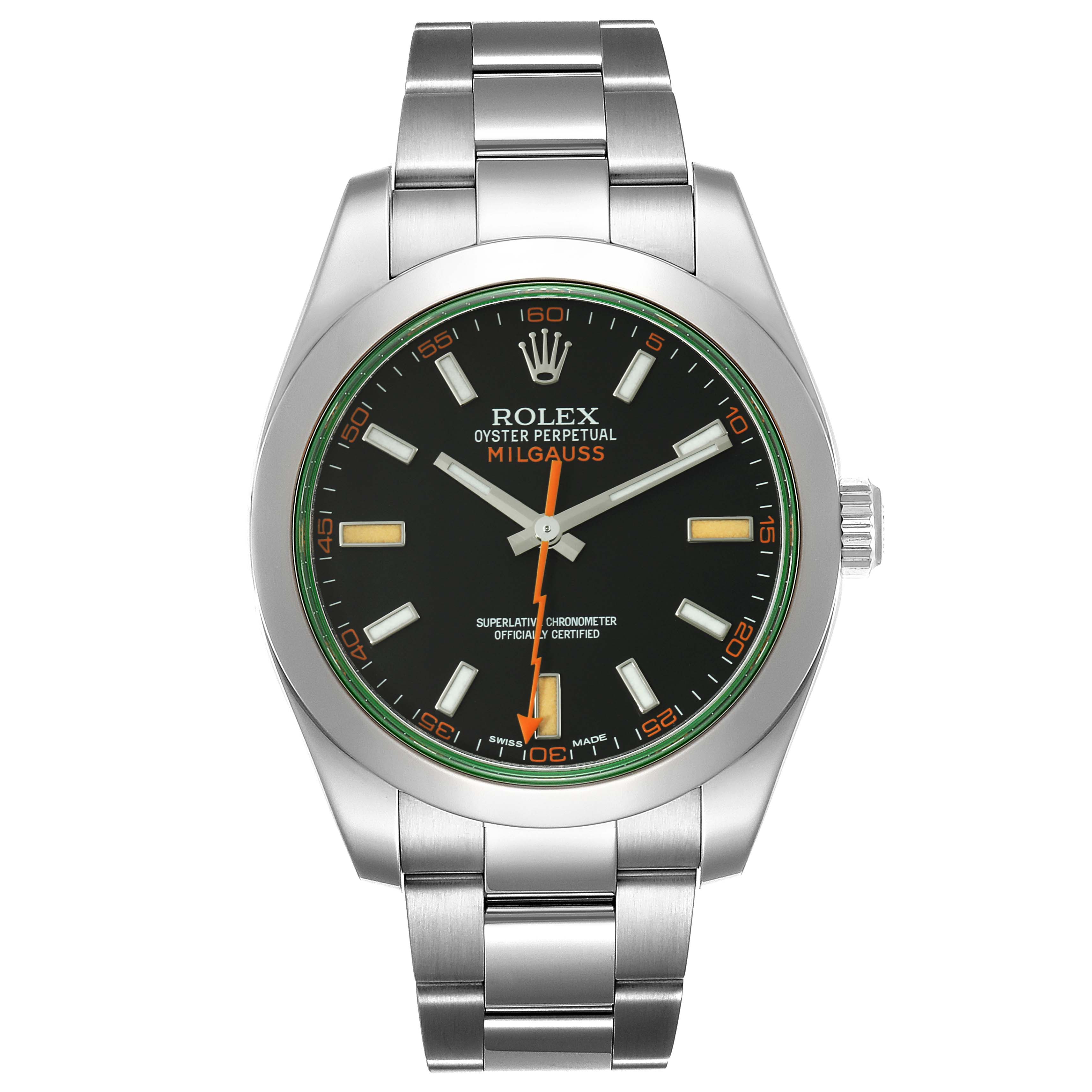 This image shows a front view of the Rolex Milgauss 116400GV Men's Stainless Steel Black Dial 116400GV Men's Stainless Steel Black Dial watch, with a clear view of the dial, bezel, and bracelet.