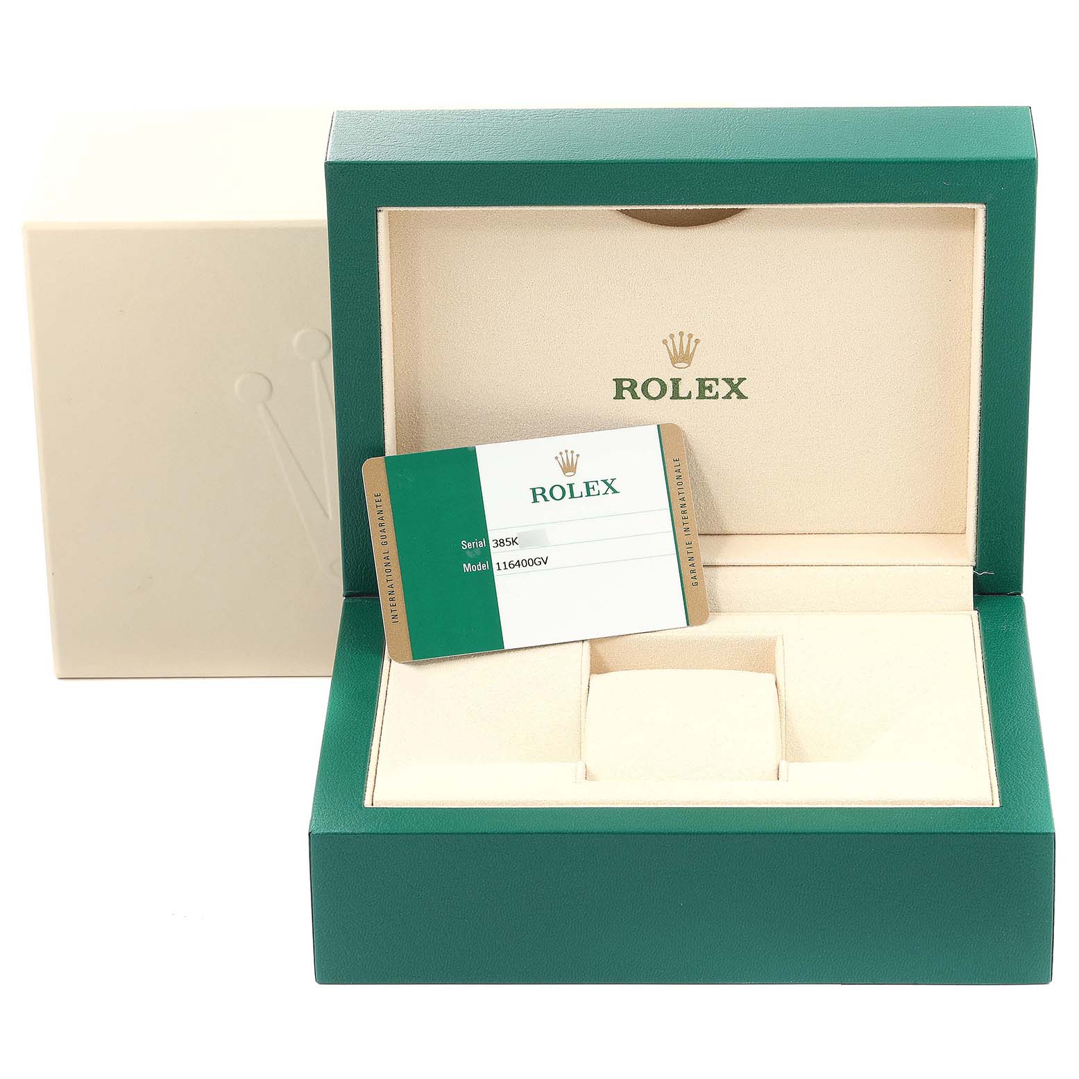 This image shows the open box and warranty card for a Rolex Milgauss 116400GV Men's Stainless Steel Black Dial 116400GV Men's Stainless Steel Black Dial watch, with the box viewed from a front angle.
