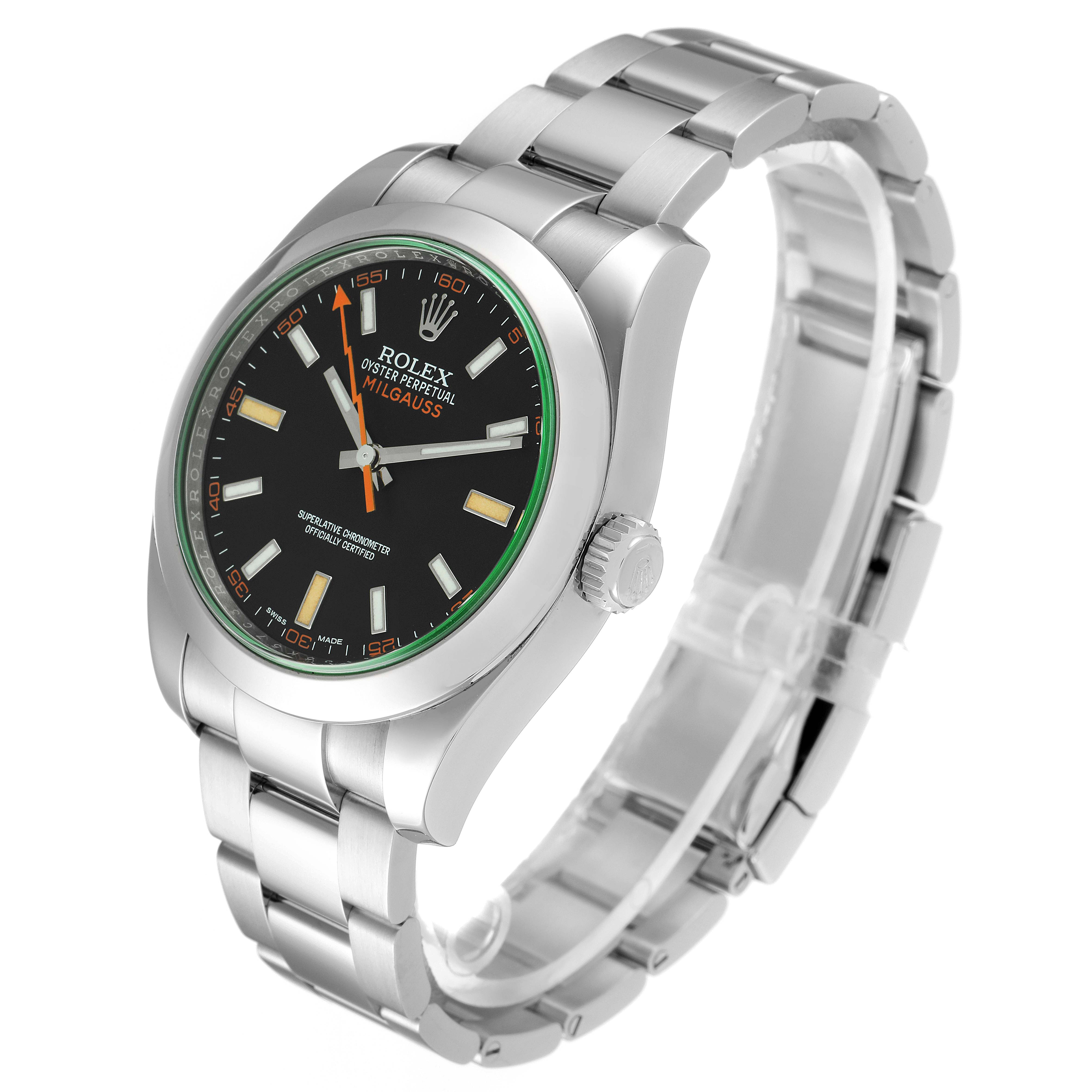 The Rolex Milgauss 116400GV Men's Stainless Steel Black Dial 116400GV Men's Stainless Steel Black Dial watch is shown at a three-quarter angle highlighting its face, bezel, and metal bracelet.