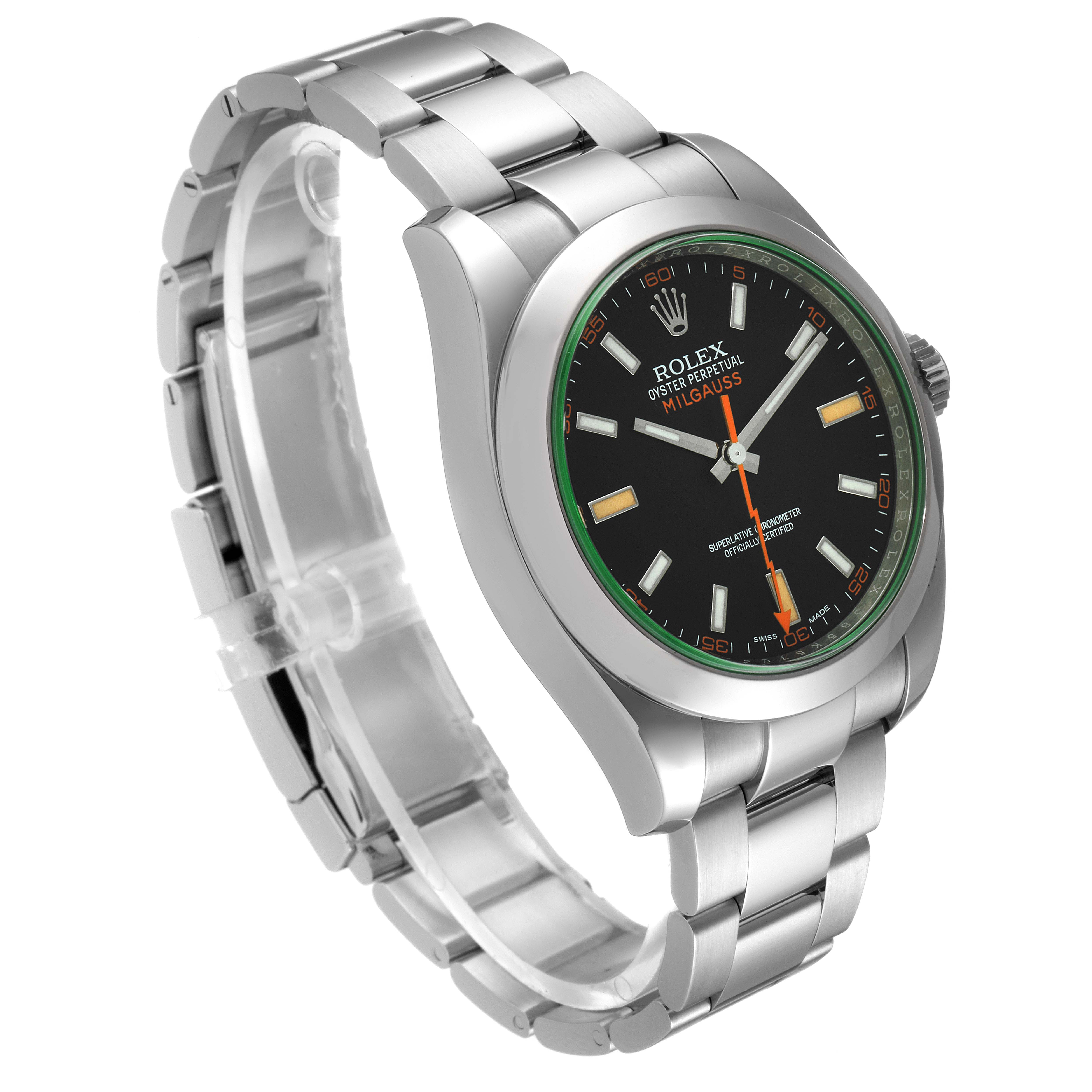 The image shows a side angle of a Rolex Milgauss 116400GV Men's Stainless Steel Black Dial 116400GV Men's Stainless Steel Black Dial watch displaying its dial, case, and bracelet.